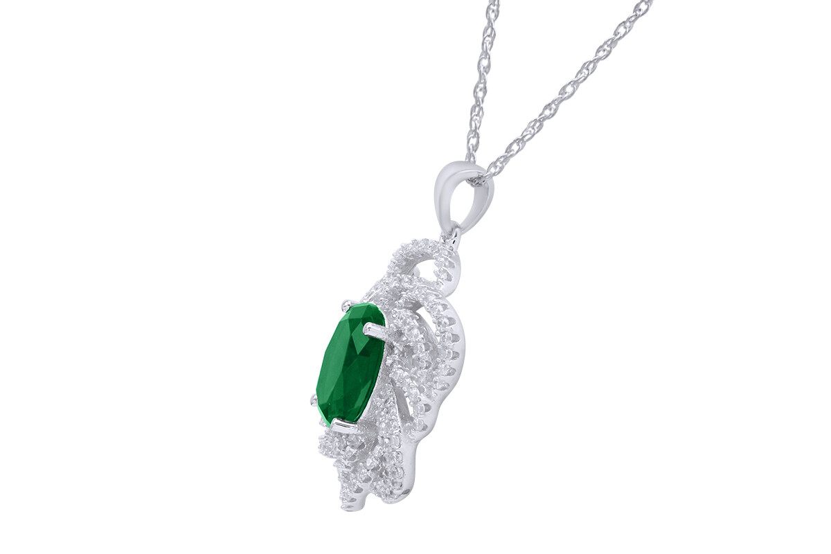 Emerald & CZ Flower Pendant Earrings Ring Set 14K White Gold Plated Silver