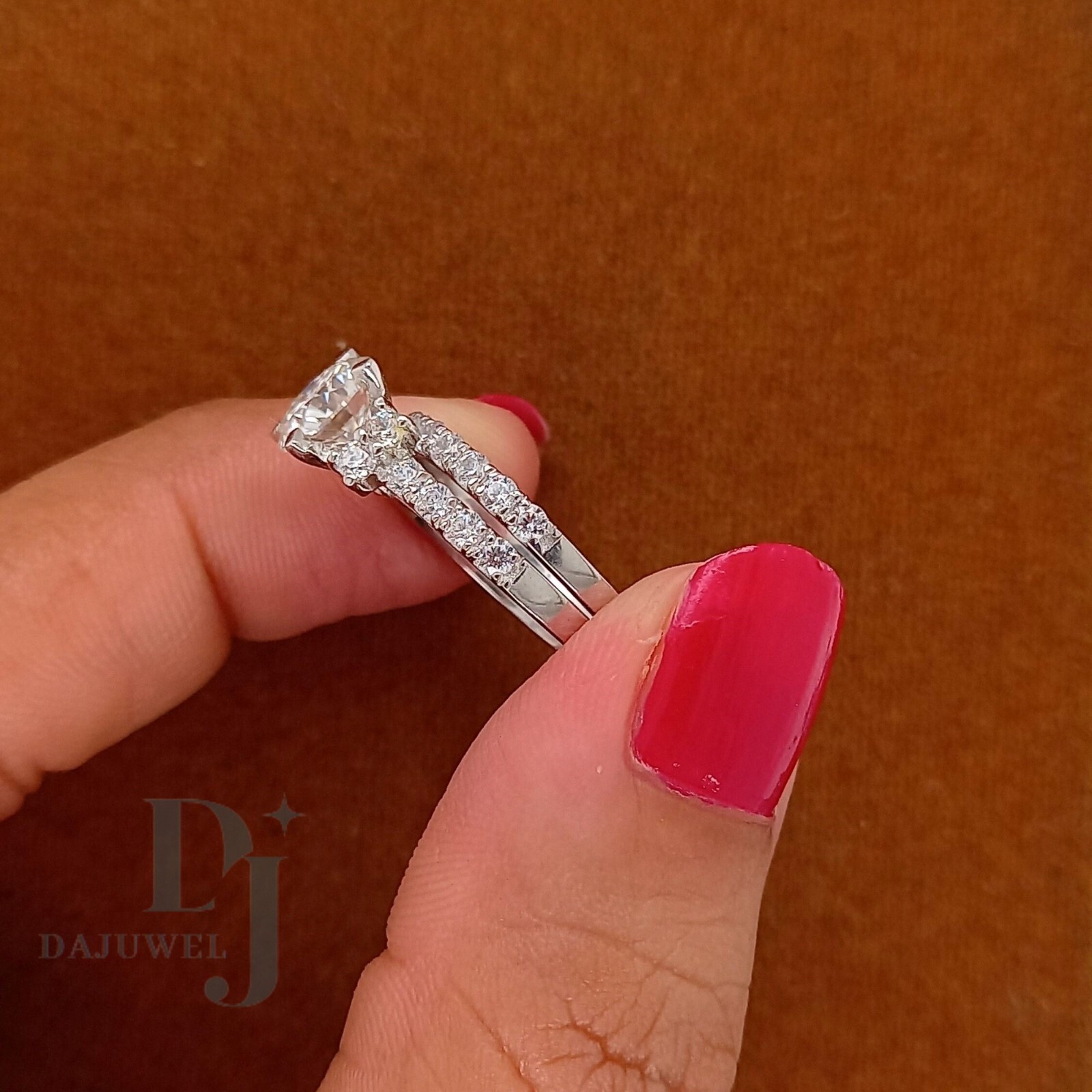 Moissanite Bridal Set Engagement Ring Solid 14K White Gold 2.50 CT Round Cut