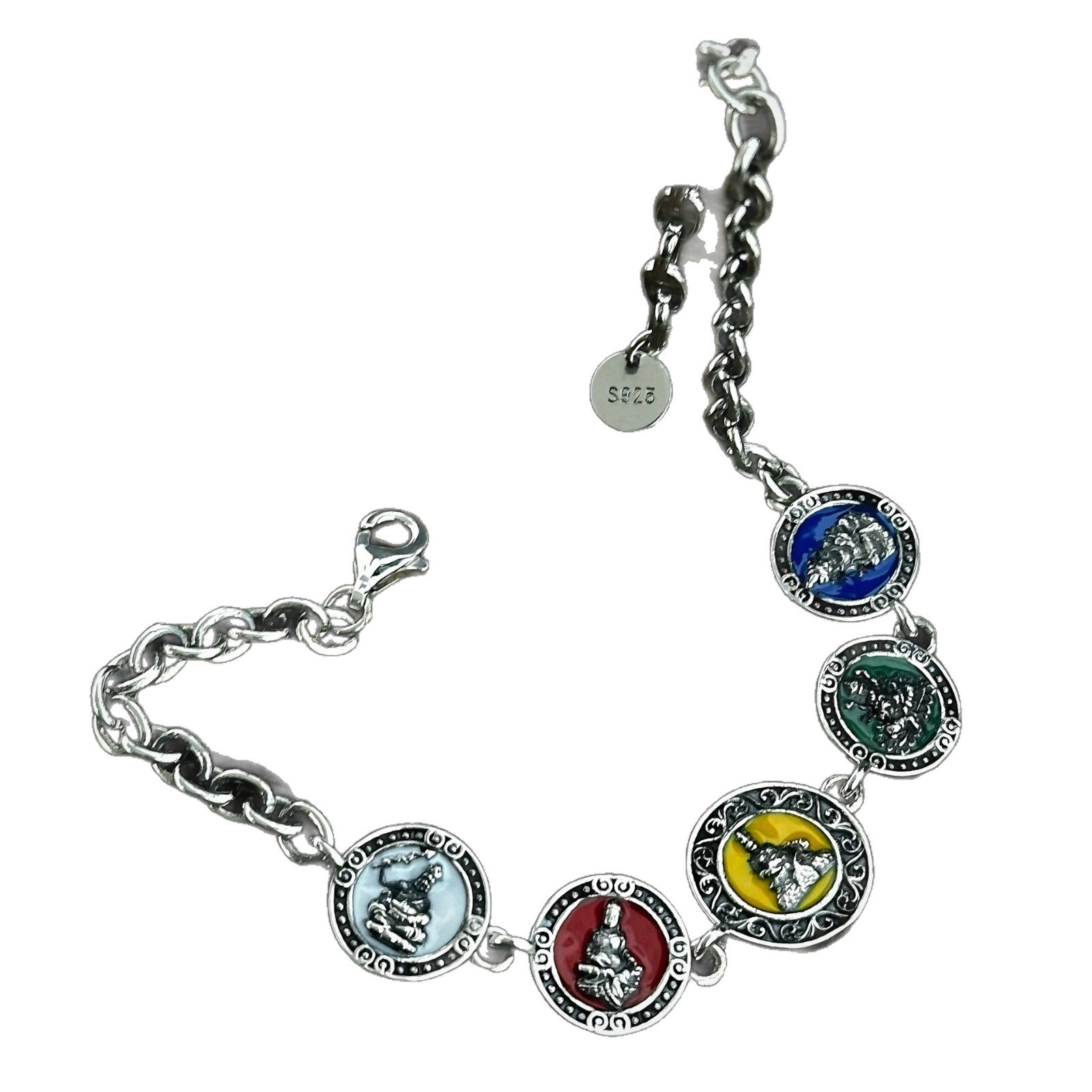 Tibetan Five Wealth God Enamel Station Bracelet Reversible Amulet S925 Silver