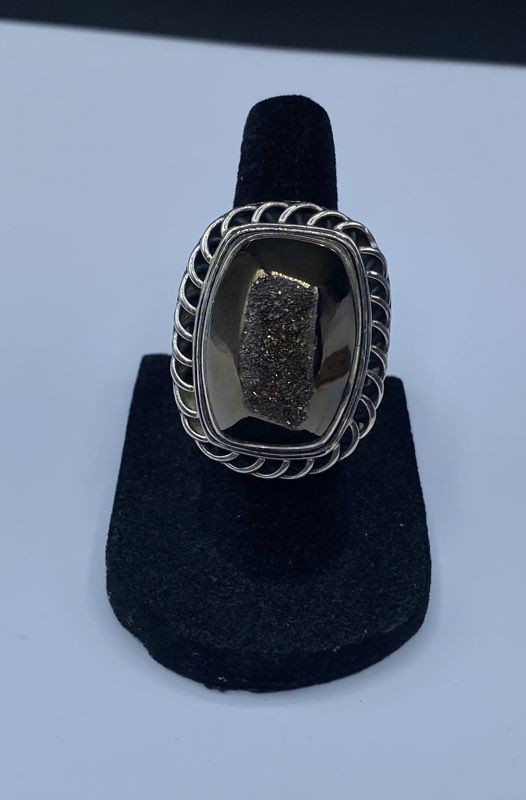 PJC Sterling Silver 925 Druzy Statement Ring India Split Shank Size 4.5 16.3g