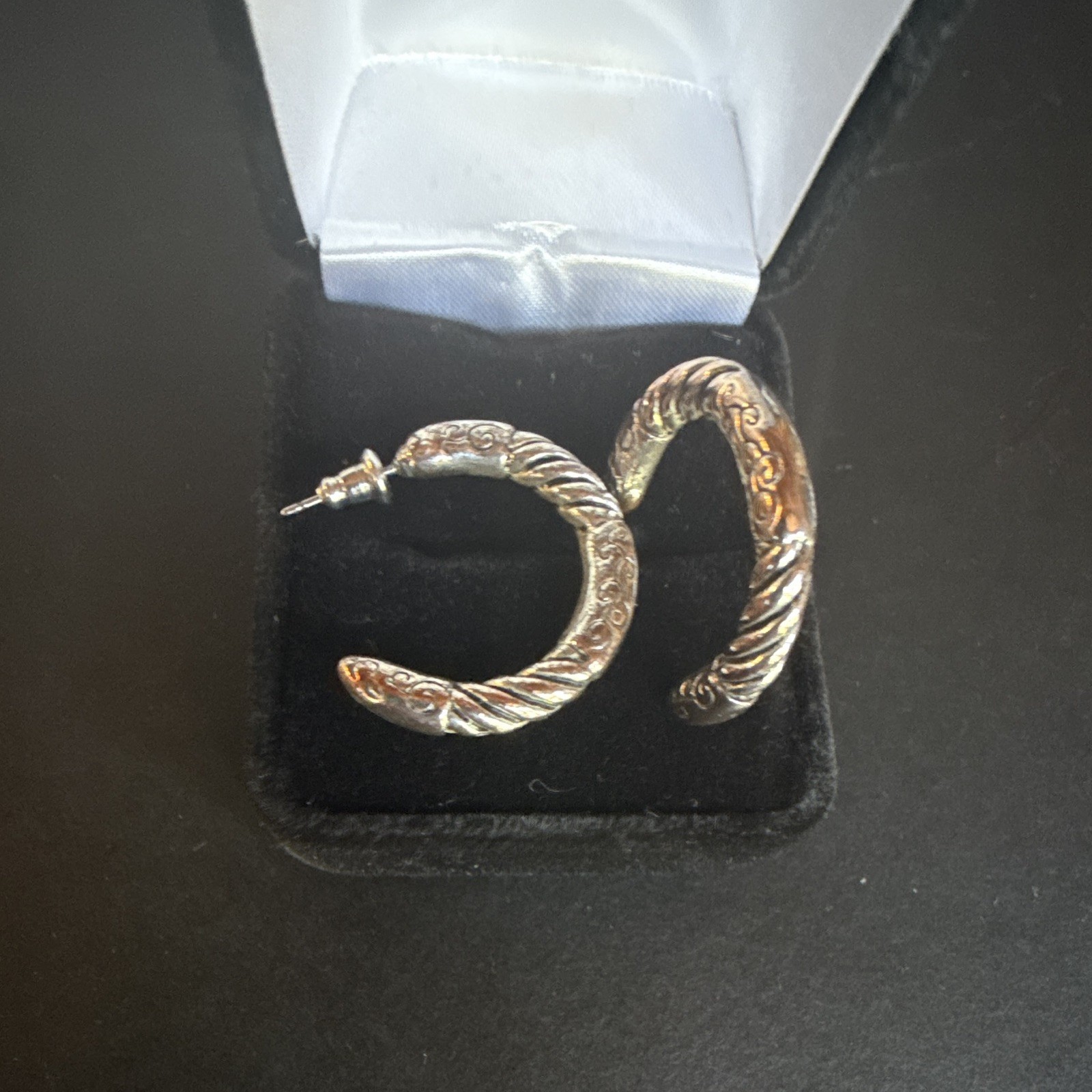 Silver Textured Crescent Hoop Earrings Butterfly Back Pierced Post by Brighton