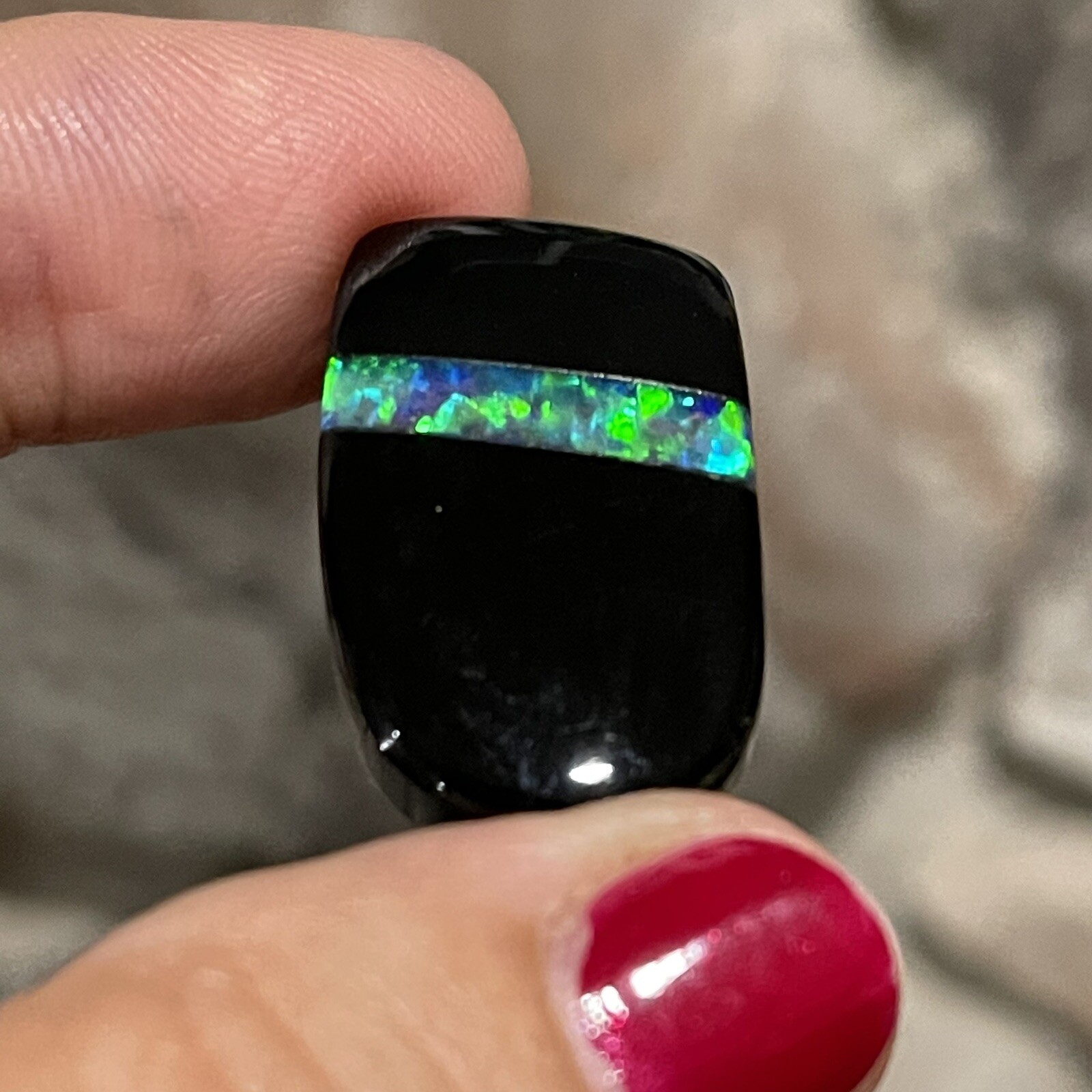 29ct 27.4c17.2×6.2mm Black Onyx And Lab Created Opal Inlay Intarsia Cabochon