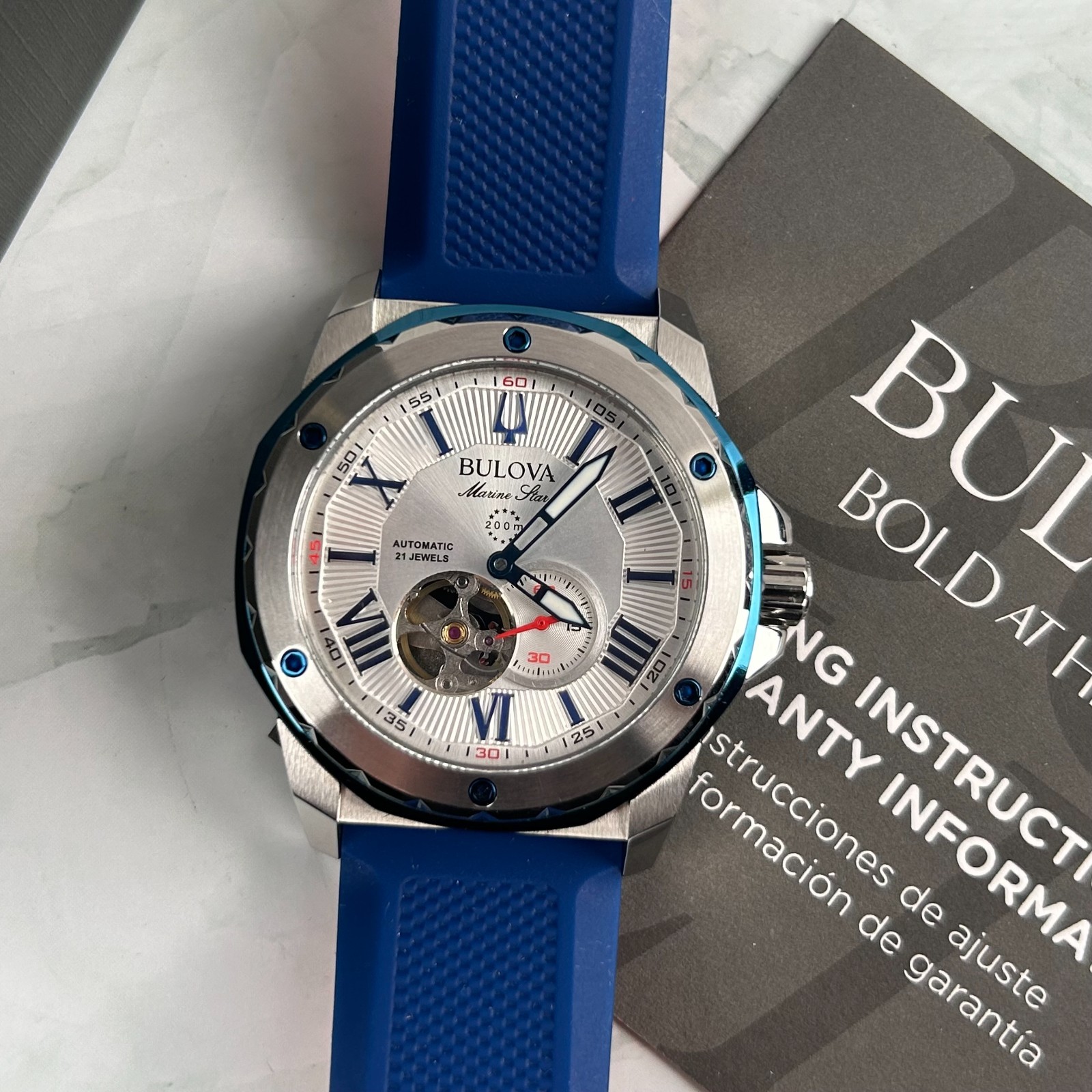 Bulova 98A225 Marine Star White Dial Silicon Blue Strap Men’s Automatic Watch