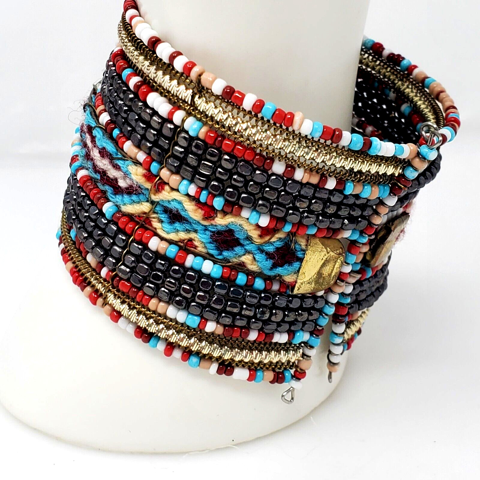 Wide Beaded Braided Jane Cuff Bracelet Multicolor Seed Bead Boho Bangle
