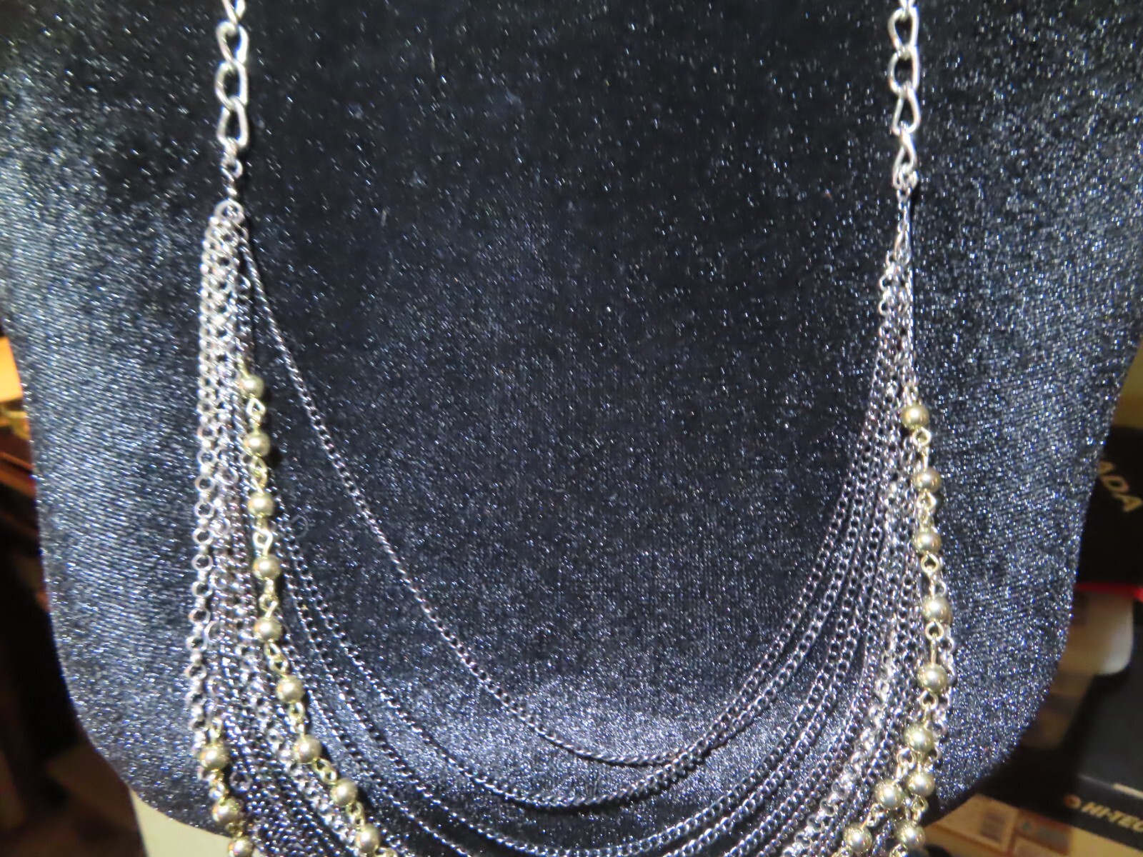 Black, Silver & Gold Tone Multi Strand Statement Necklace 40″ Long