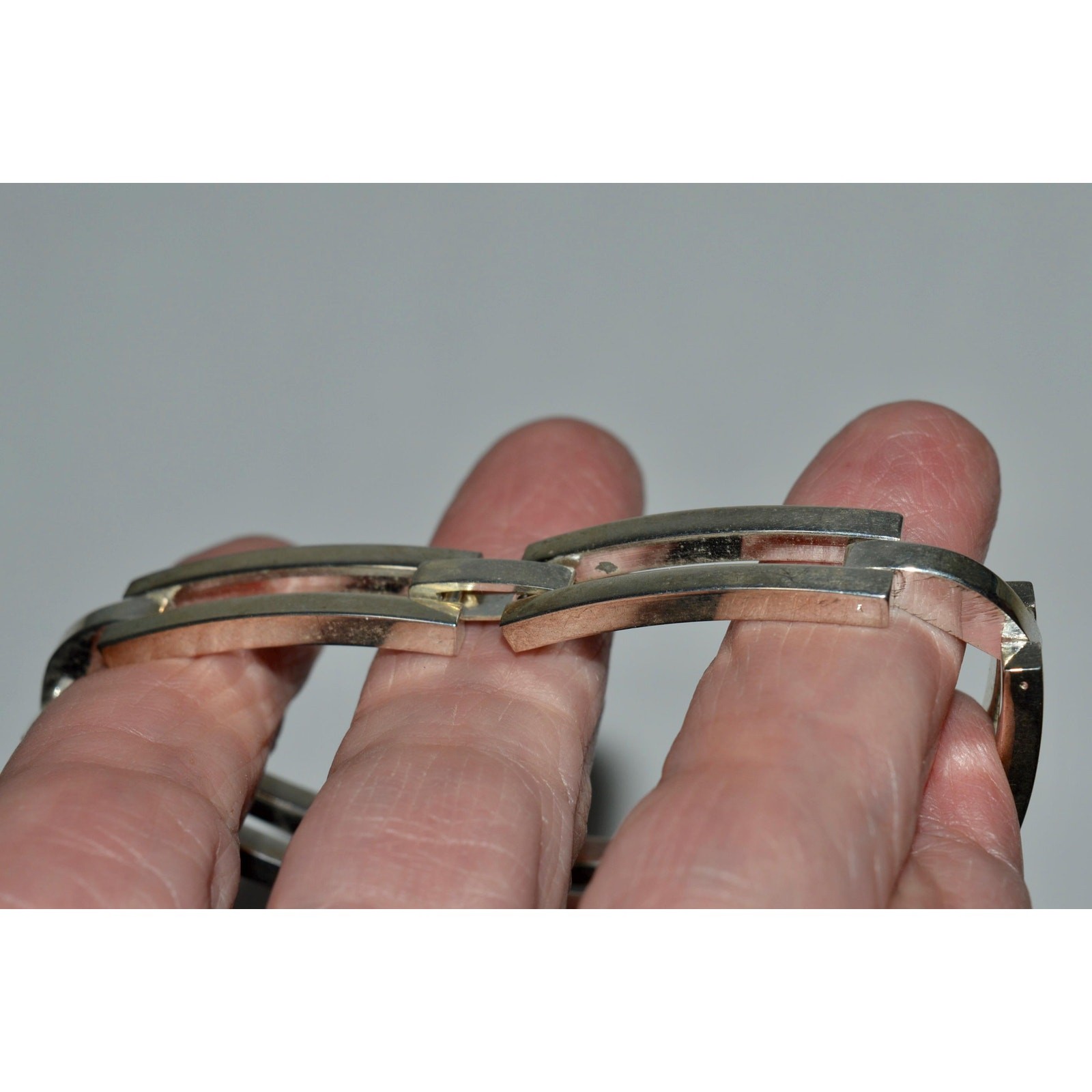 Sterling Silver Link Bracelet, Modernist 5 Link Bracelet Hidden Fold Over Clasp