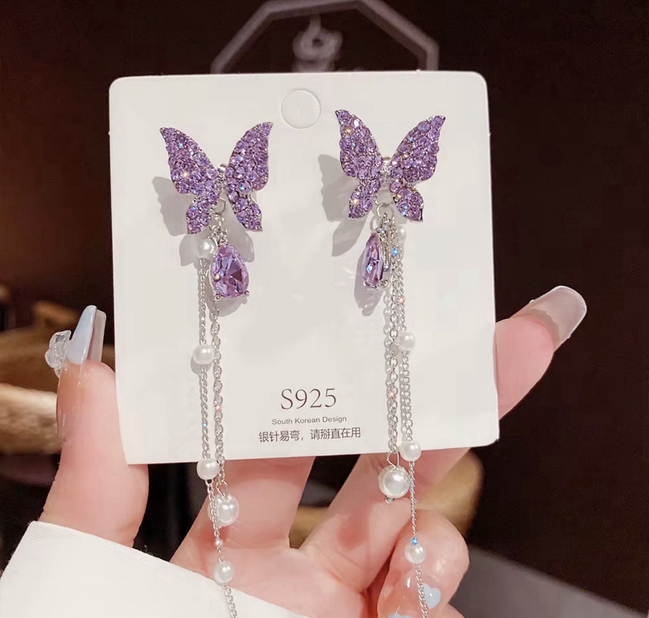 Purple Butterfly Dangle Earrings S925 Silver Pearl Chain Drop Crystal Elegant