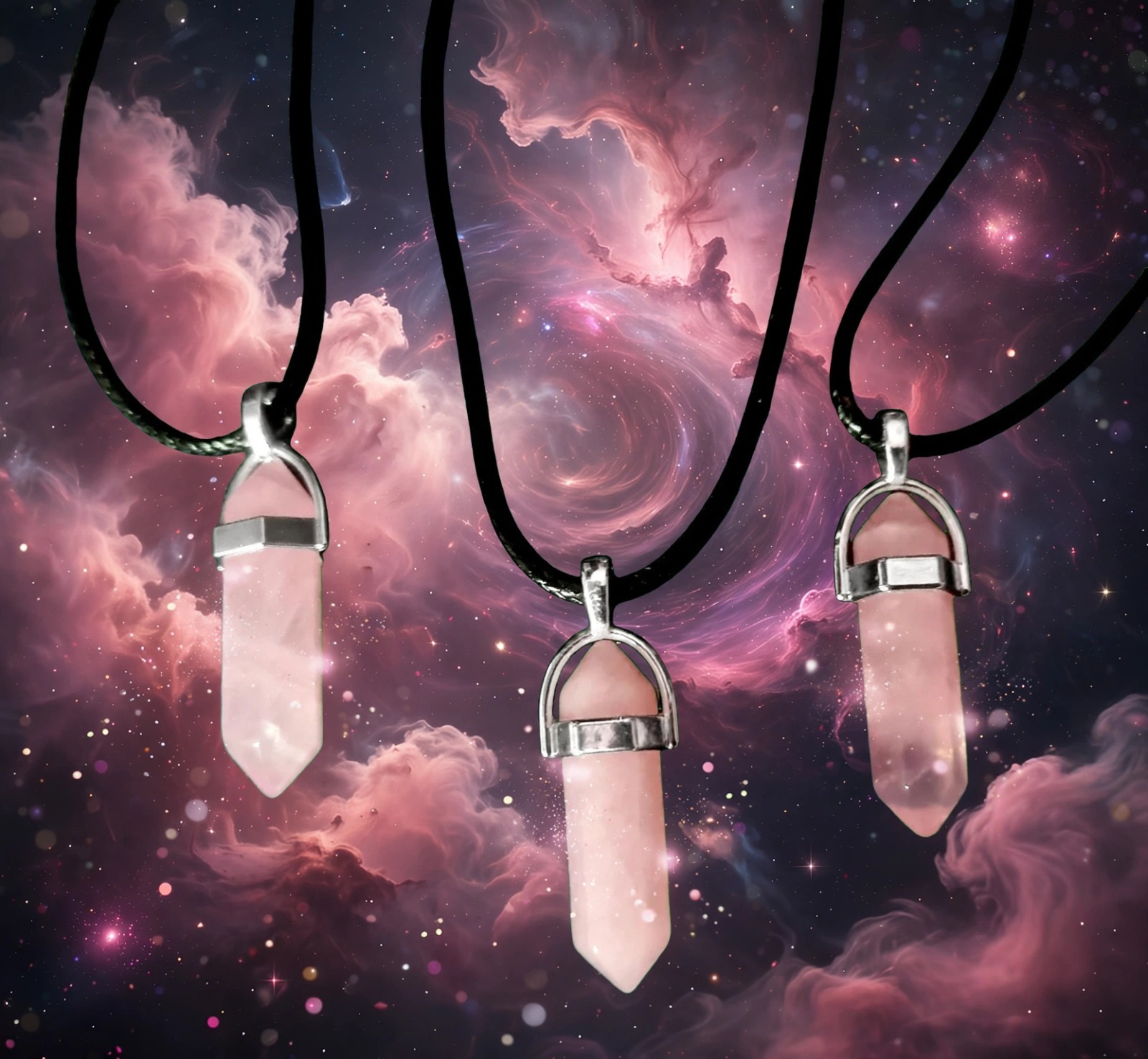 Rose Quartz Double Terminated Point Pendant Necklace on Black Cord Chain 3cm