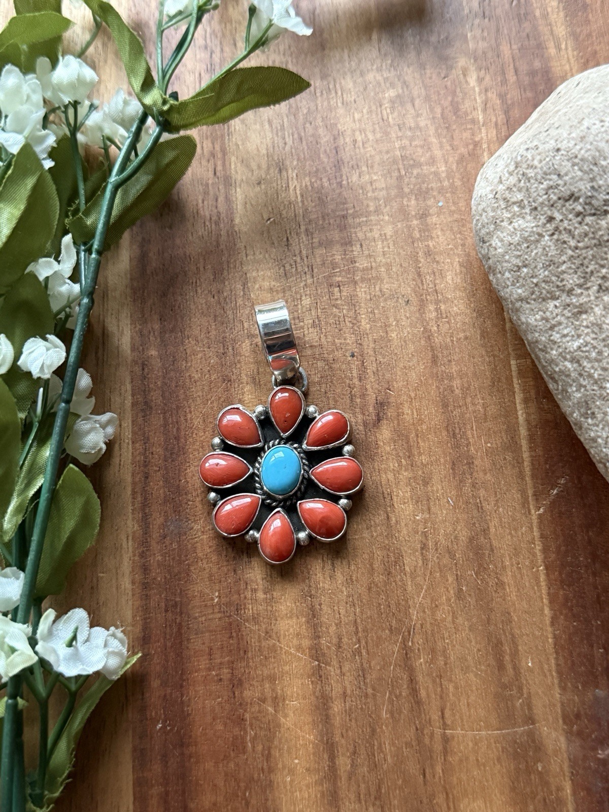Navajo Sterling Silver Red Coral Turquoise Cluster Pendant LY