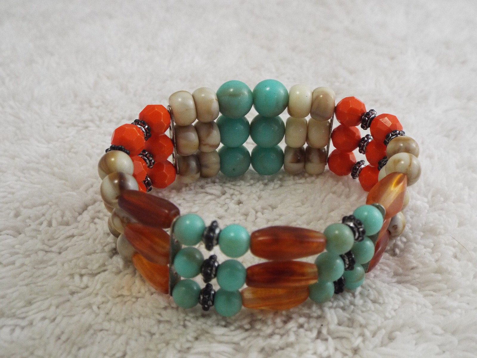 Blue Tan Orange Bead Stretch Bracelet (C66)