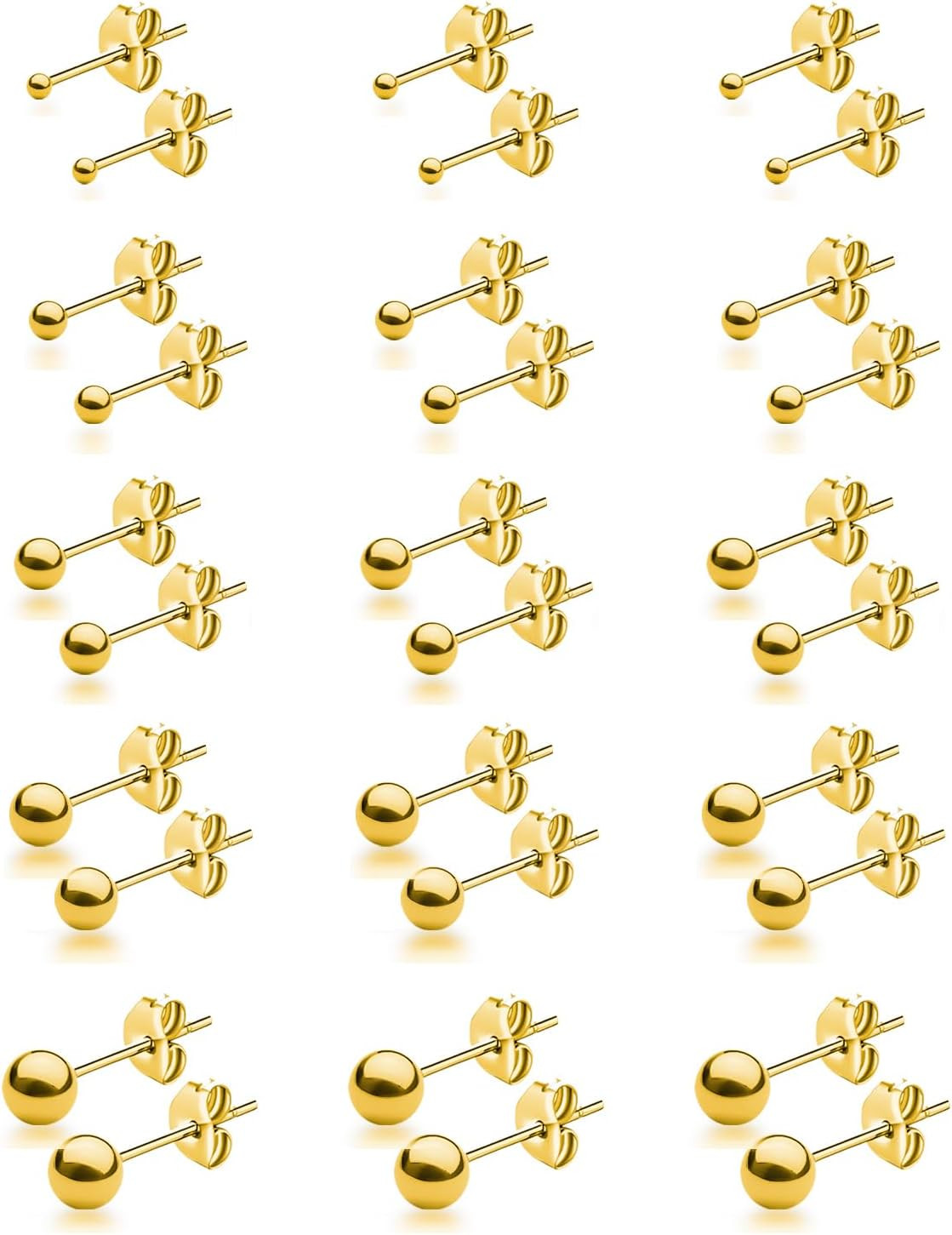 15 Pairs Surgical Steel Ball Stud Earrings Set | Fadeless, PVD Plating, Stainles