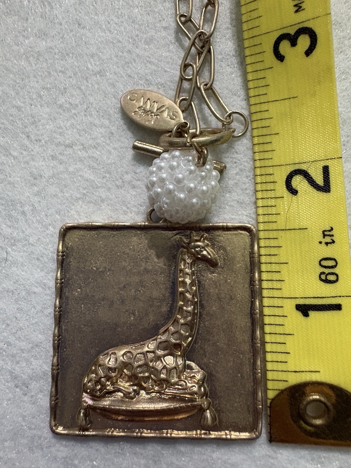 Canvas Style Gold Tone Link Chain Necklace, Square Giraffe Charm Pendant.