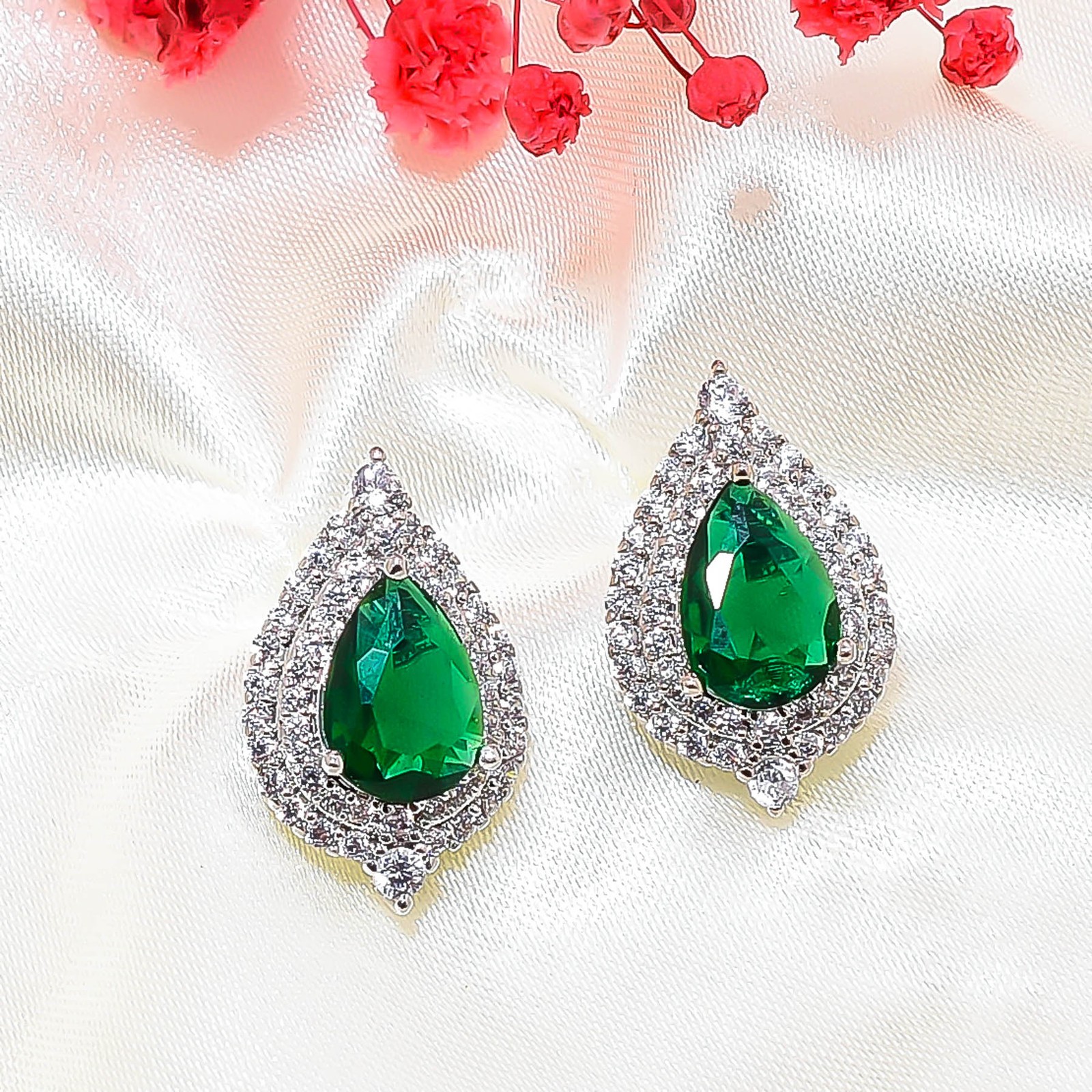 Chrome Diopside & Cz 925 Sterling Silver Floral Halo Drop Earring 0.75″ E15535