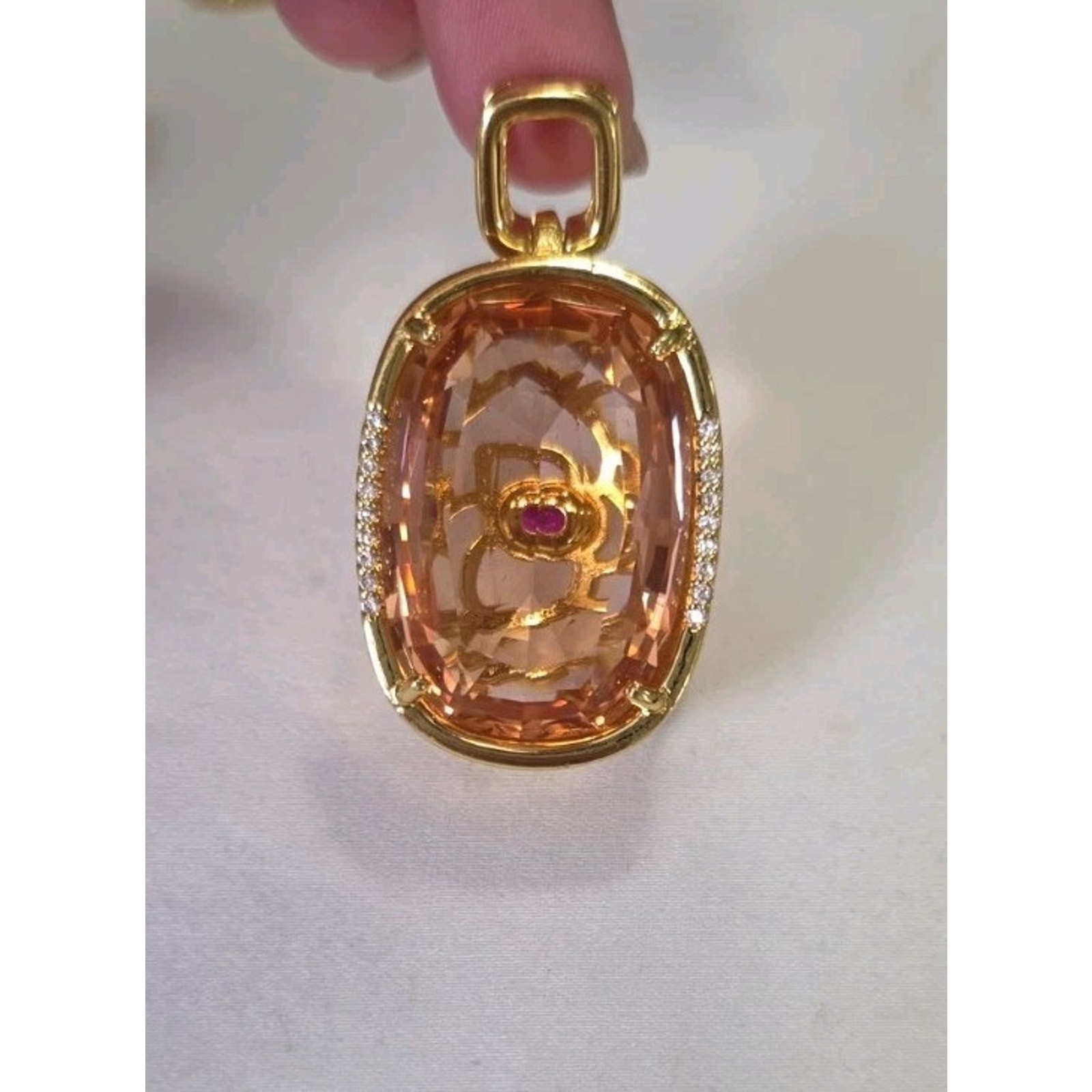 Large Light & Dark Pink Statement Pendant Reversible Floral Filigree Gold Tone