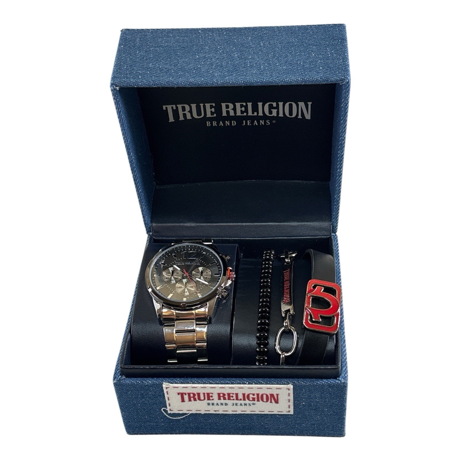 True Religion Men’s Watch & Bracelet Gift Set Stainless Steel Denim Box New