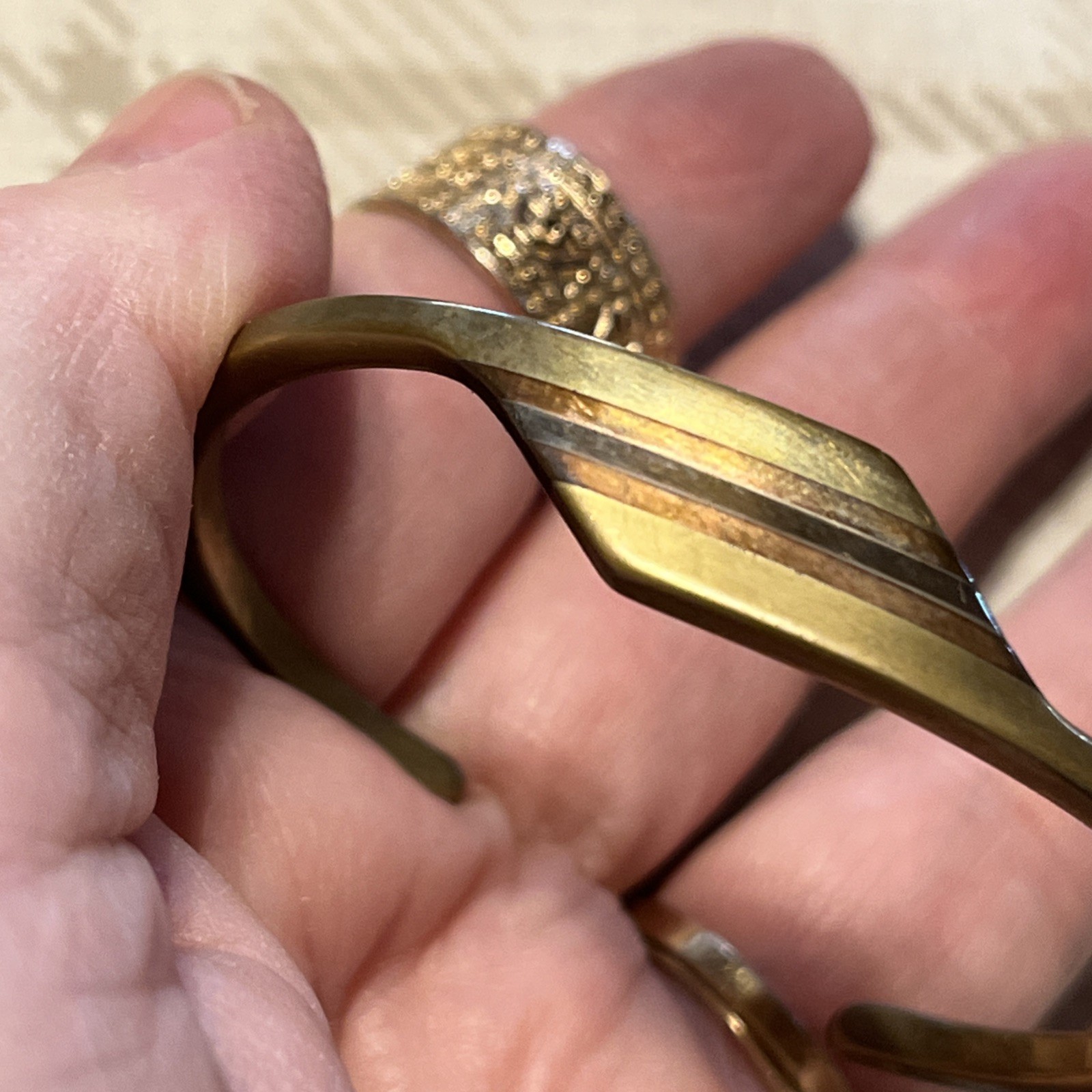 Vtg Artisan Signed Inlaid Sterling Silver, Copper, Brass Cuff Bracelet 5.5”