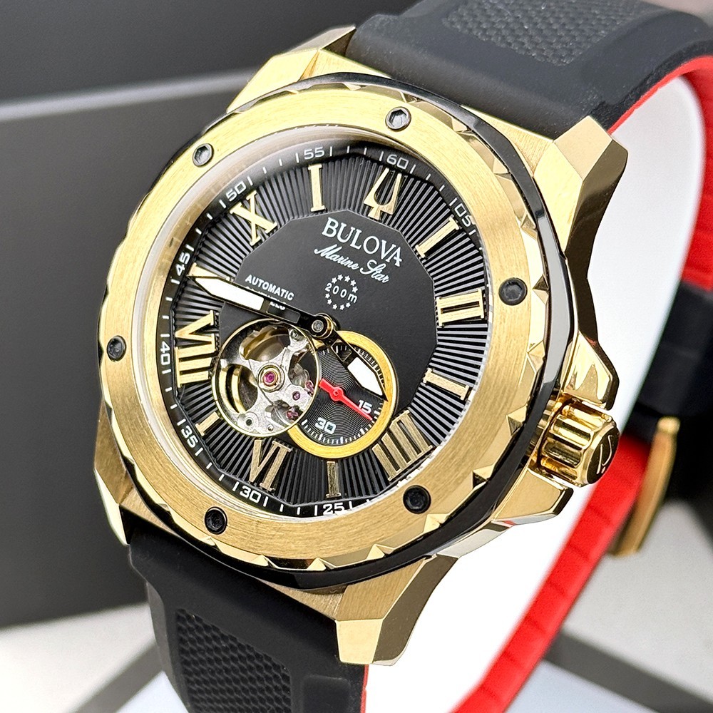 Bulova Men’s Marine Star Black Gold Dial Rubber Strap Automatic Watch 98A272