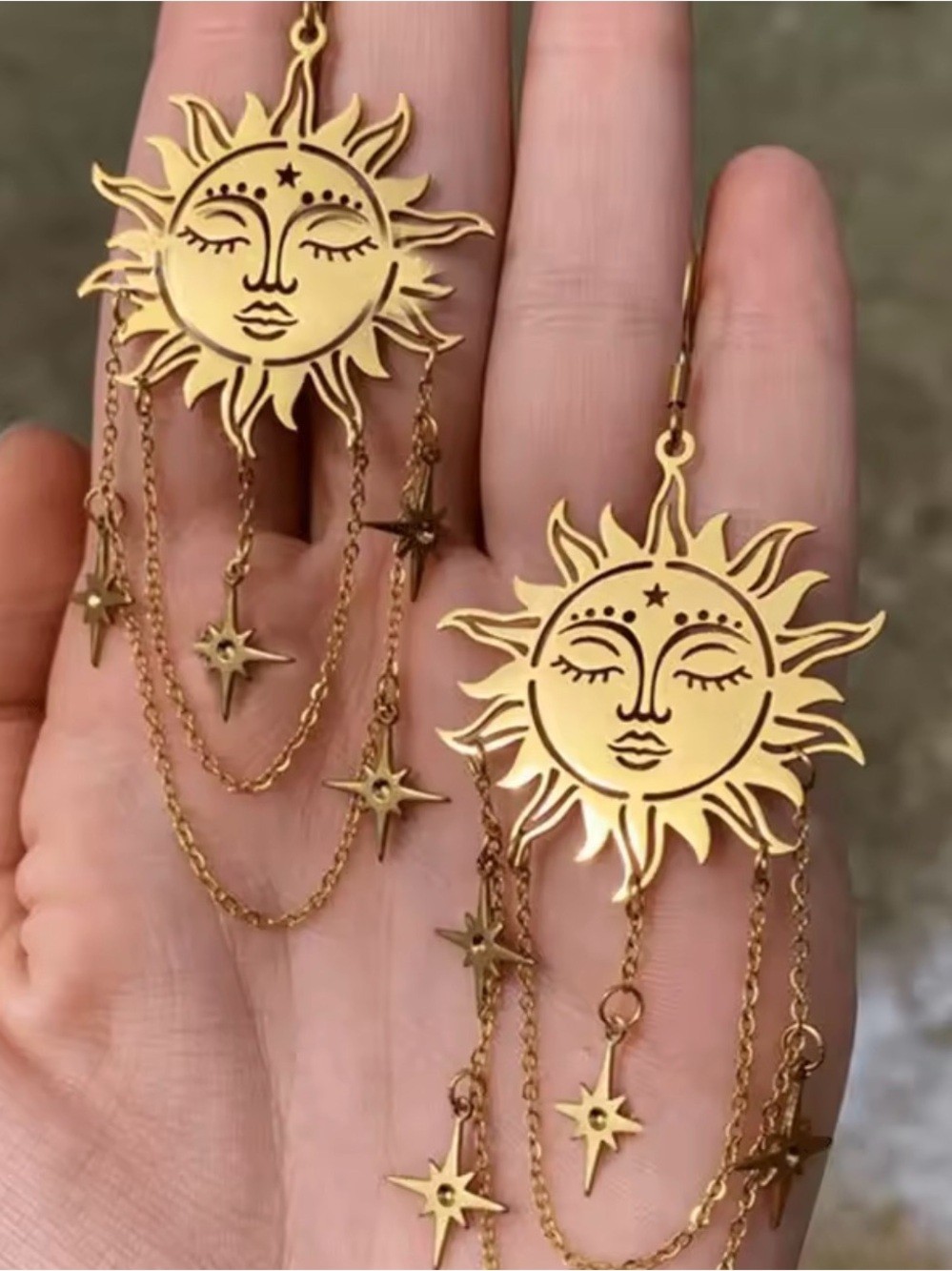 Bohemian Gold Sunface Dangle Earrings with Star Chains – Women Jewelry