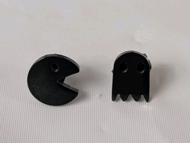 Post Pierced Earrings Tiny Small Black Metal Asymmetrical Pacman And Ghost