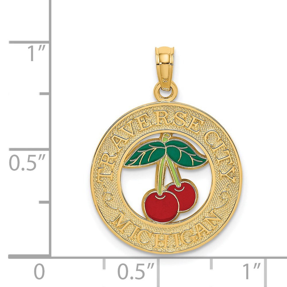 14k Yellow Gold TRAVERSE CITY MI Enamel Cherry Charm Pendant for Women 1.95g