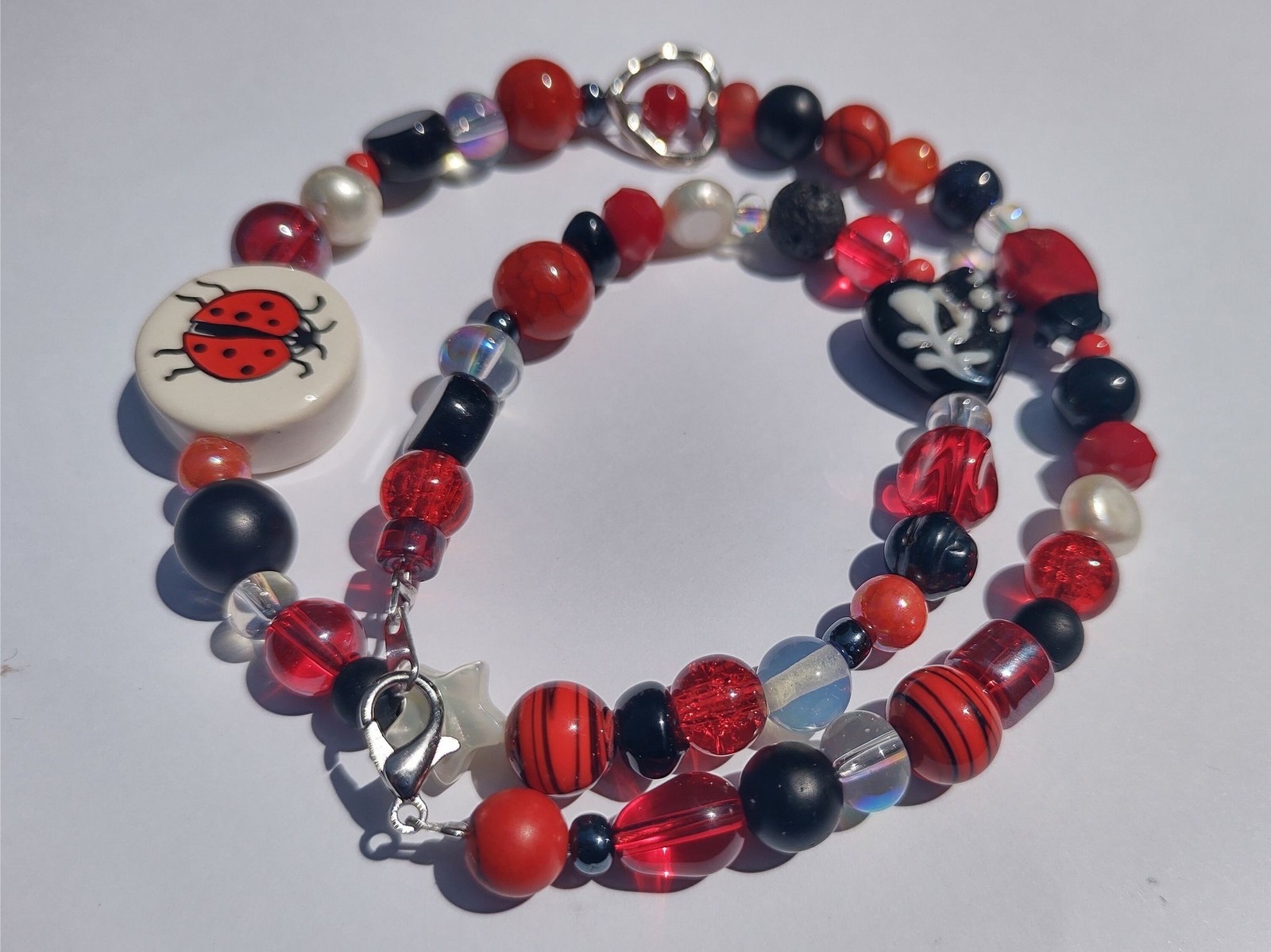 Red and Black Ladybug Ceramic and Glass Bead Handmade Necklace