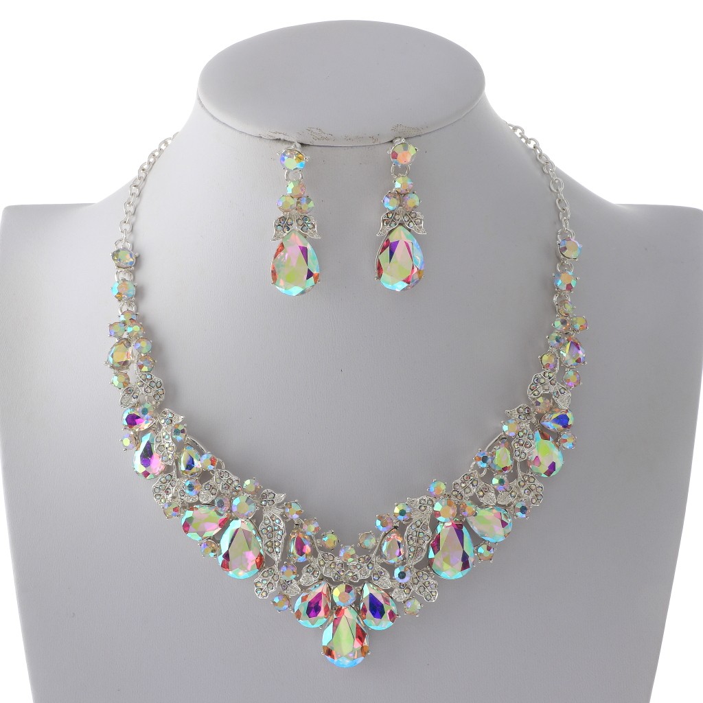 Silver Tone Alloy Metal Rhinestone Necklace Earring Set S20709-SAB