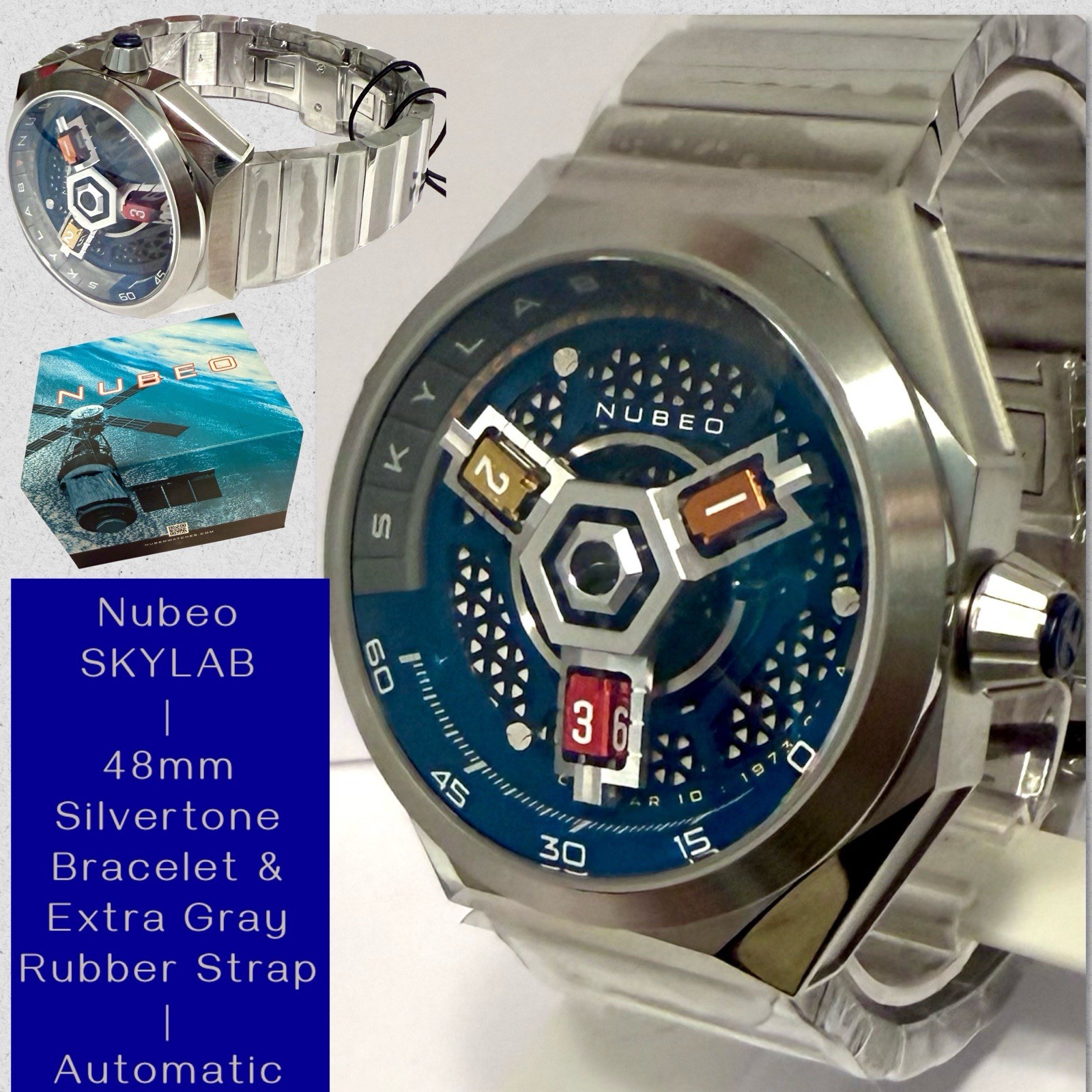 48mm Auto SKYLAB Blue & Gray | Satellite Hours| Bracelet & Gray Band NUBEO Watch