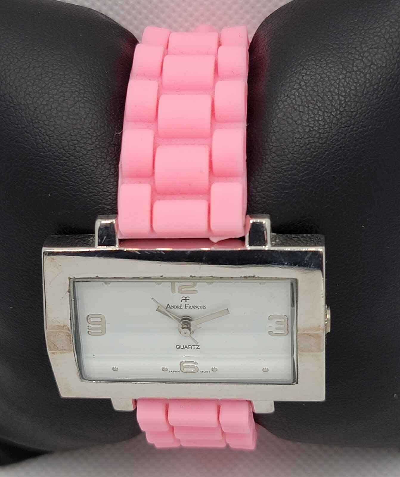 Ladies Andre Francois Rectangle Silver Tone Pink Rubber Band Analog Watch I5