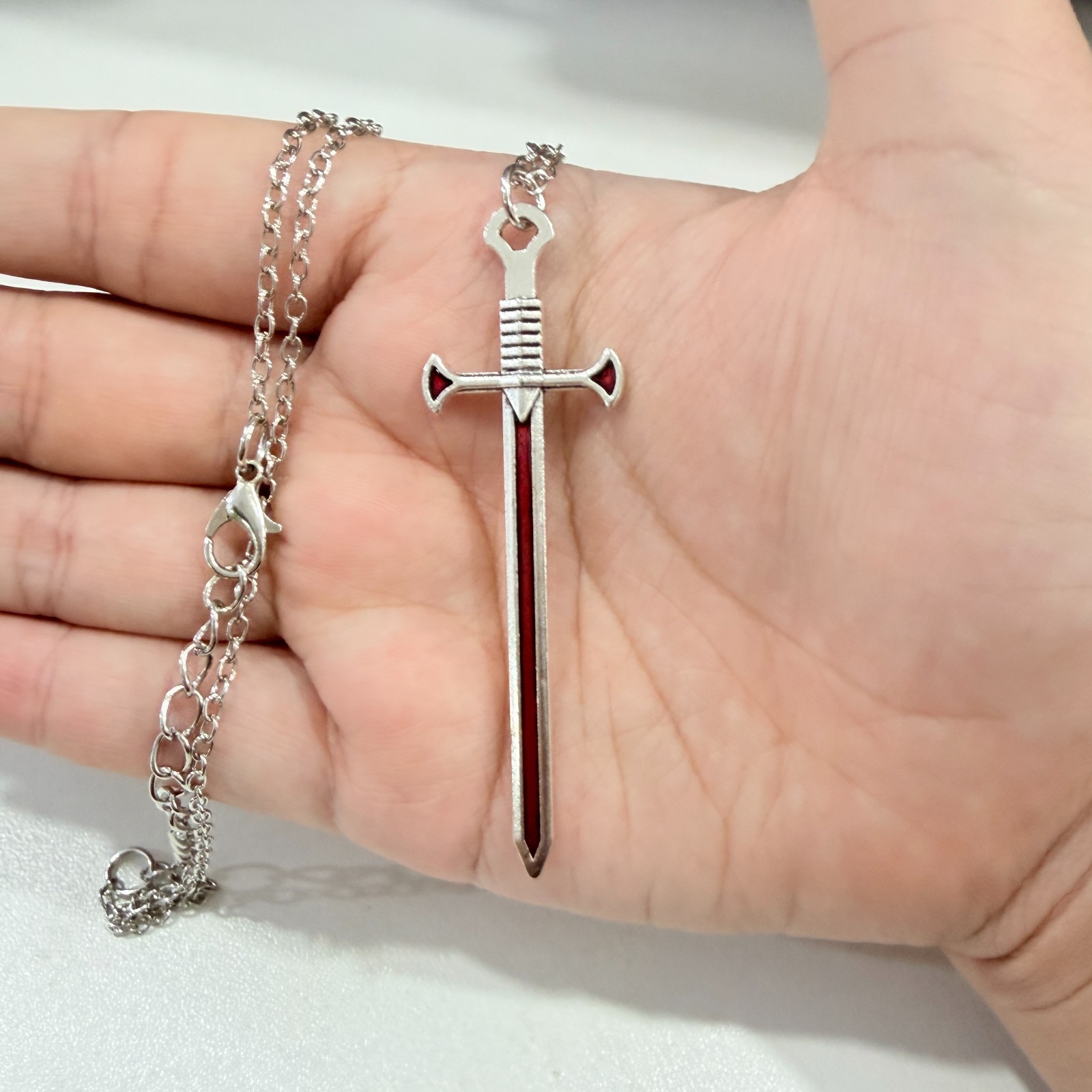 Silver Red Inlay Sword Pendant Rope Chain Necklace