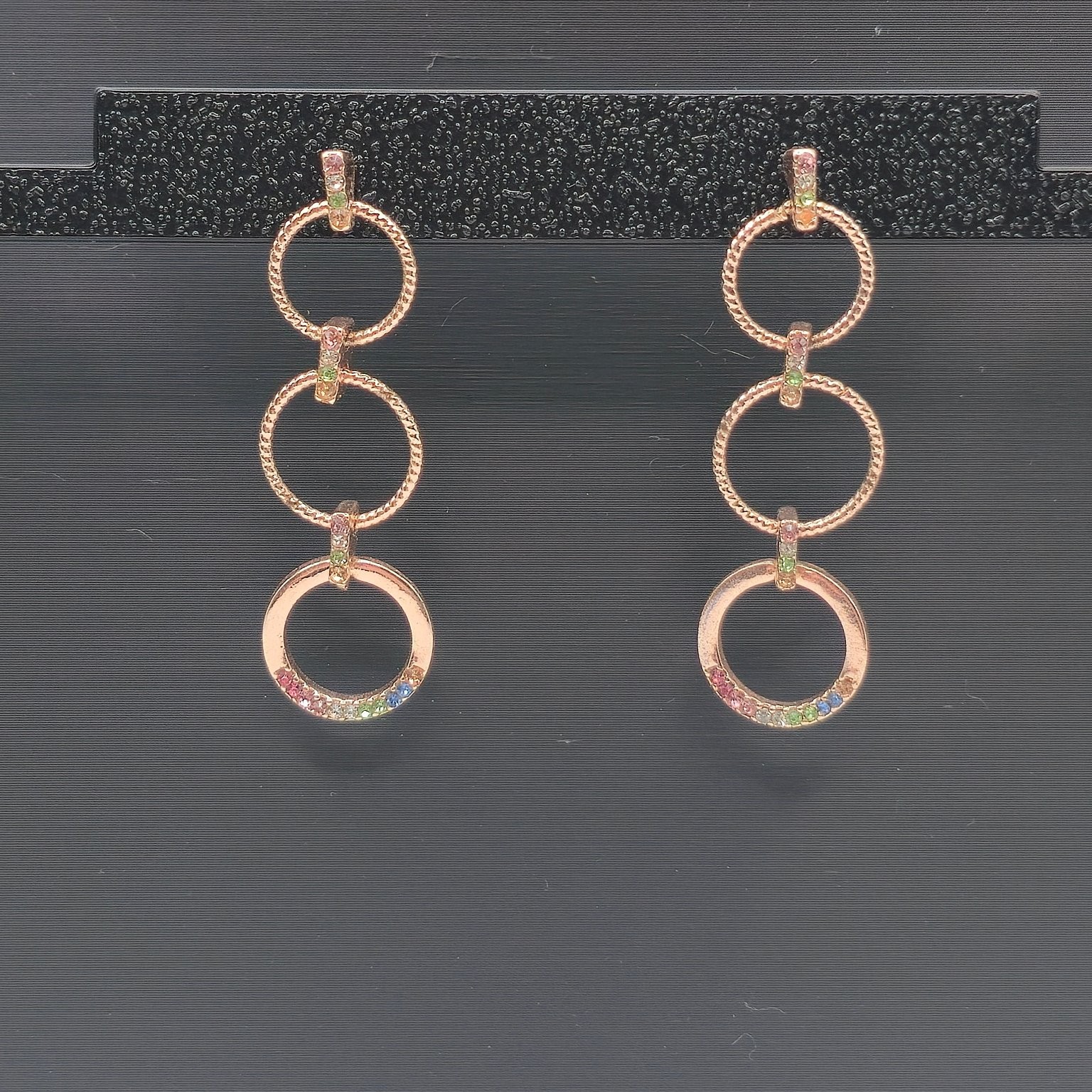 Rose Gold Tone Triple Hoop Drop Earrings with Multicolor Rhinestones 2 in