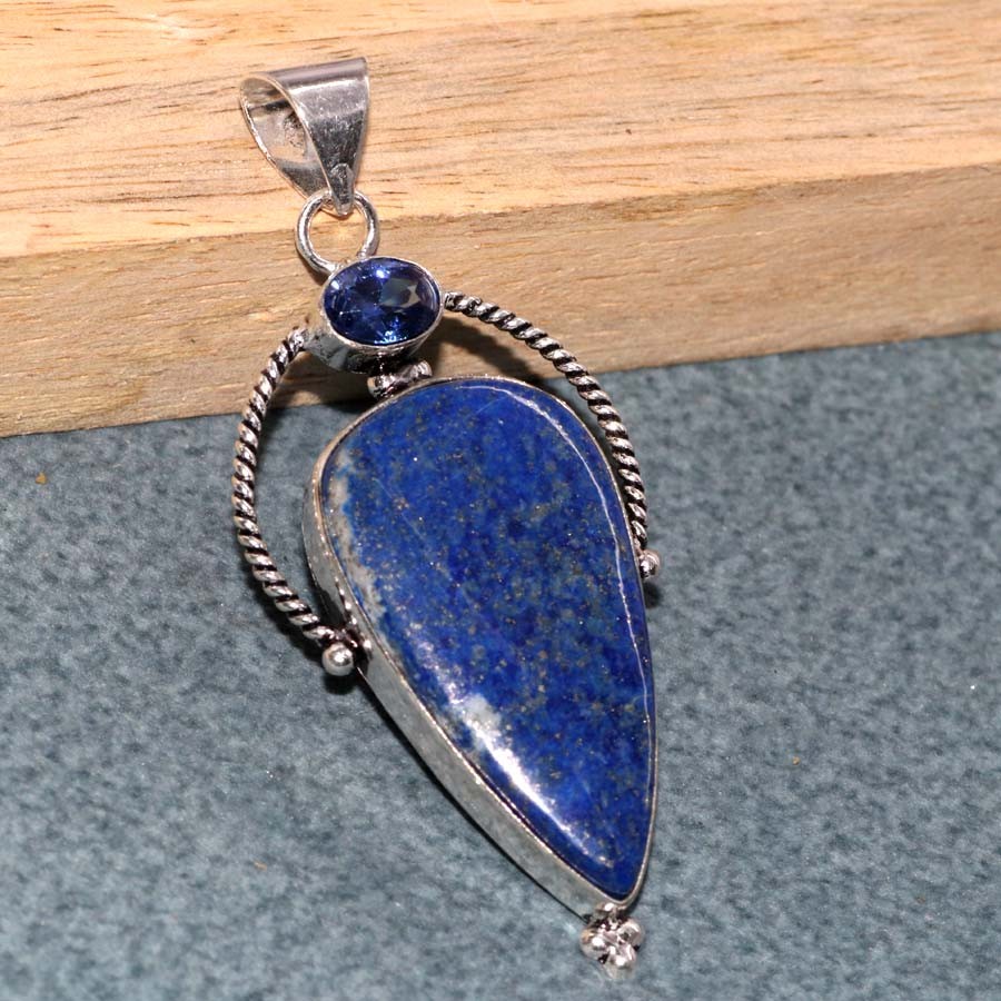 925 Silver Plated Long Lapis Lazuli Iolite Topaz Pendant 2.6″ Fashion Sale JW