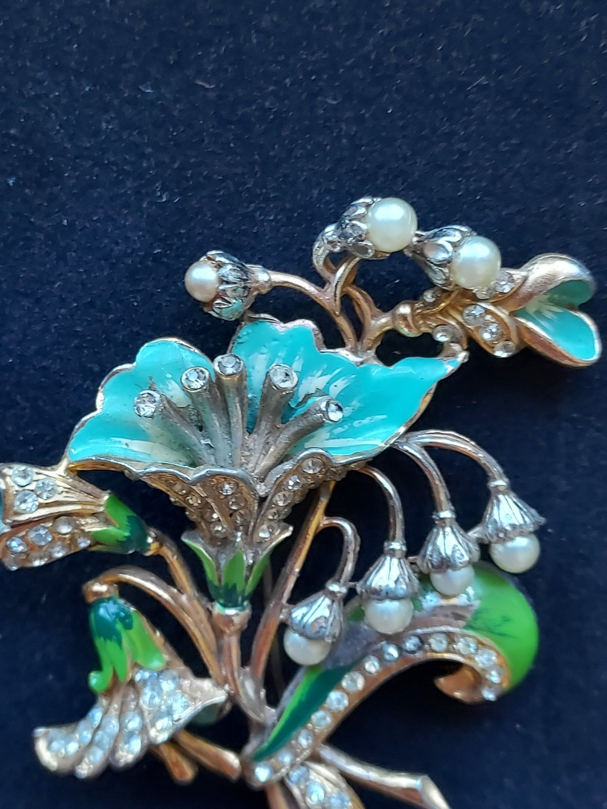 Vintage Blue Green Enamel Rhinestone Pearl Flower Brooch Pin “B” Boucher?