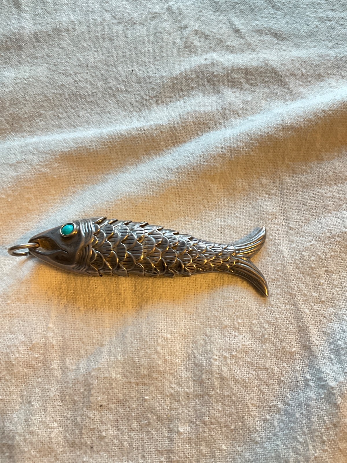 Sterling Silver 3.25” 925 Flexible Large Fish Pendant turquoise colored eyes