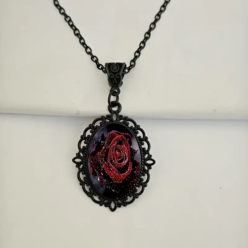 Rose Gothic Black Jewelry Vintage look Oval Pendant Necklace A