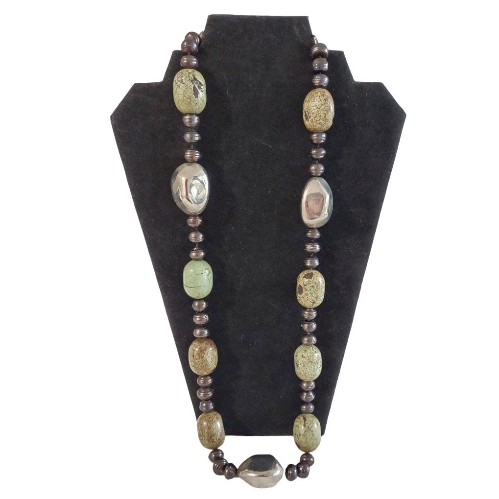 Chunky Jasper Stone Statement Necklace Organic Stones Beads Southwestern Silver