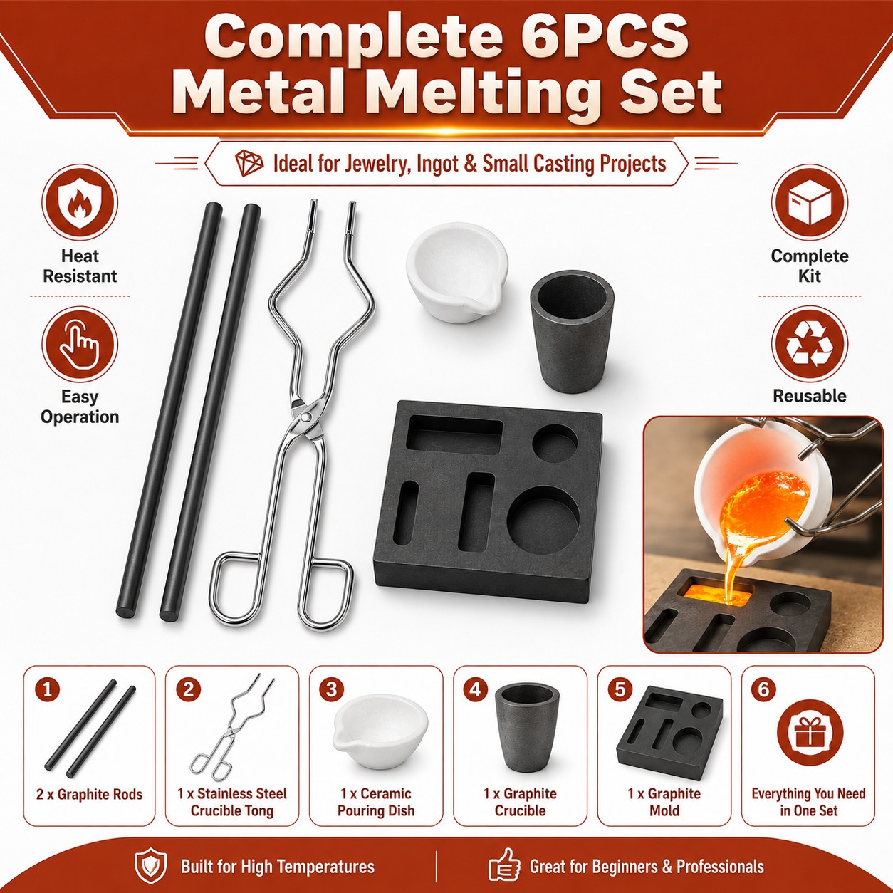 6Pack Metal Melting Refining Kit Graphite Mold Crucible Tongs Rods Copper