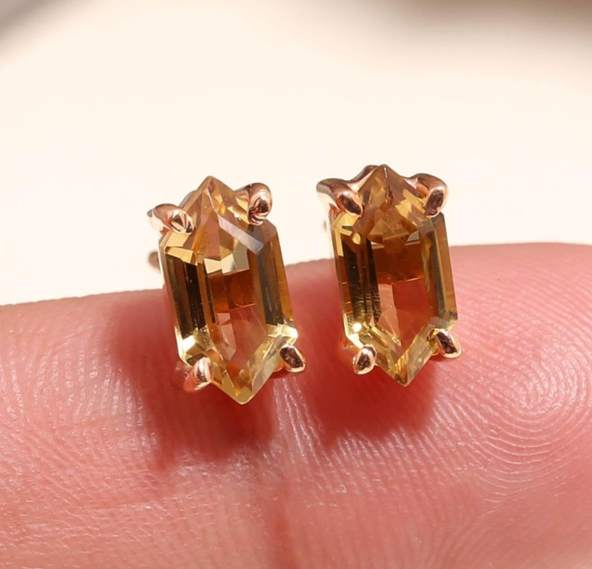 Natural Citrine Hexagon Stud Earrings Rose Gold Fill 925 Sterling Silver Jewelry