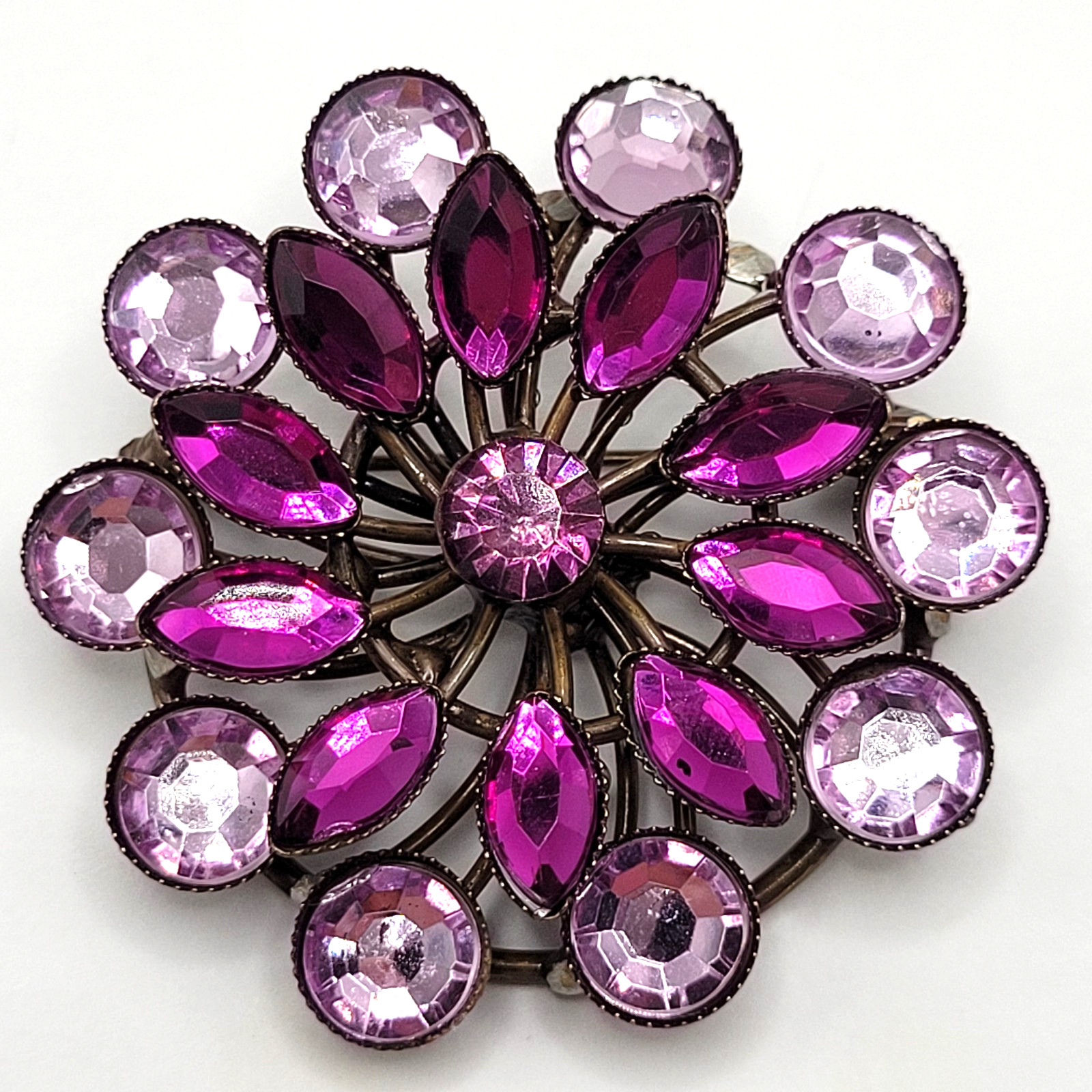 Purple Shades Floral Design Faceted Glass Rhinestone Metal Costume Brooch Pin