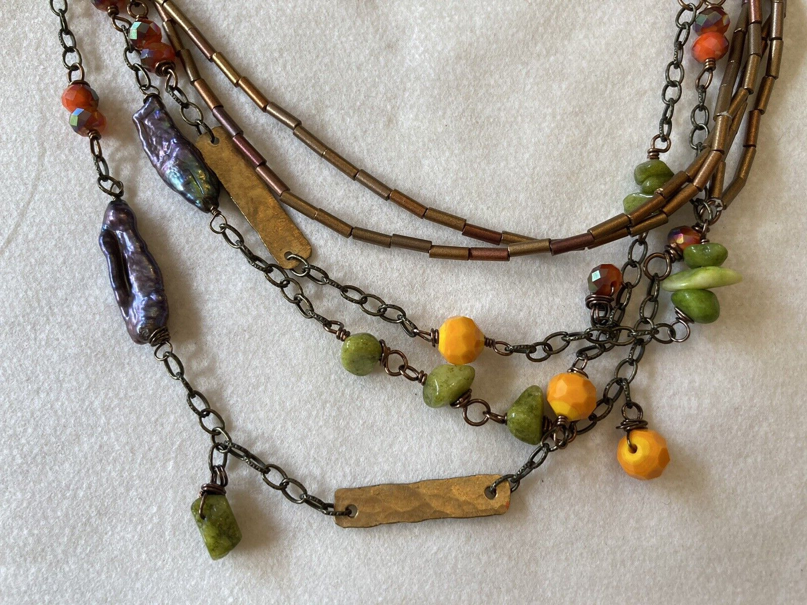 Artisan crafted long beaded necklace orange gold green purple chain wrap around