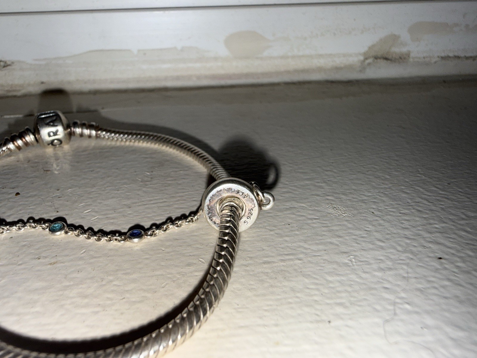 Signed 925 Sterling Silver Snake Chain Charm Bracelet + Safety Chain