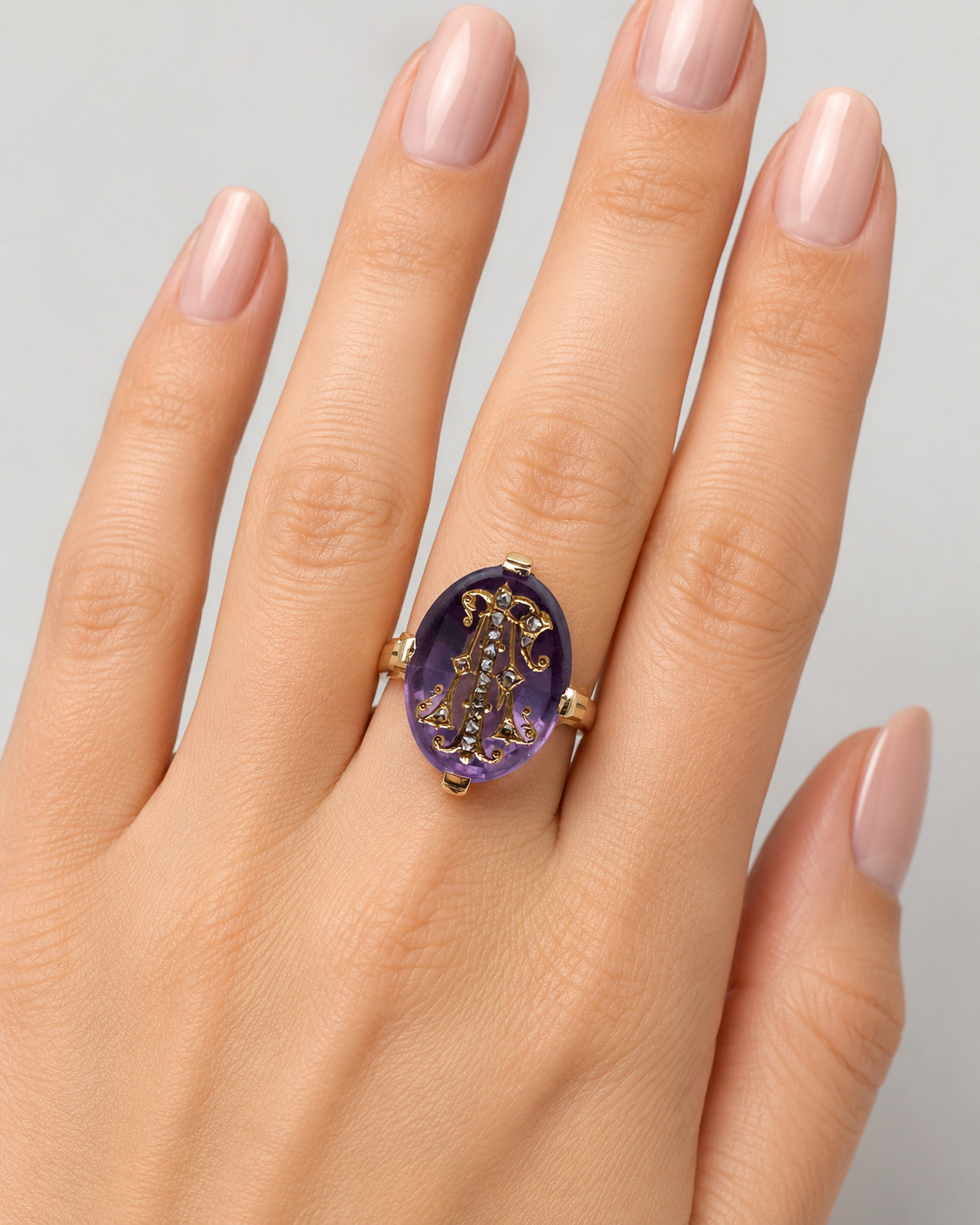 Antique 14k Gold Amethyst and Rose Cut Diamond Ring 10.3 Grams Size 8