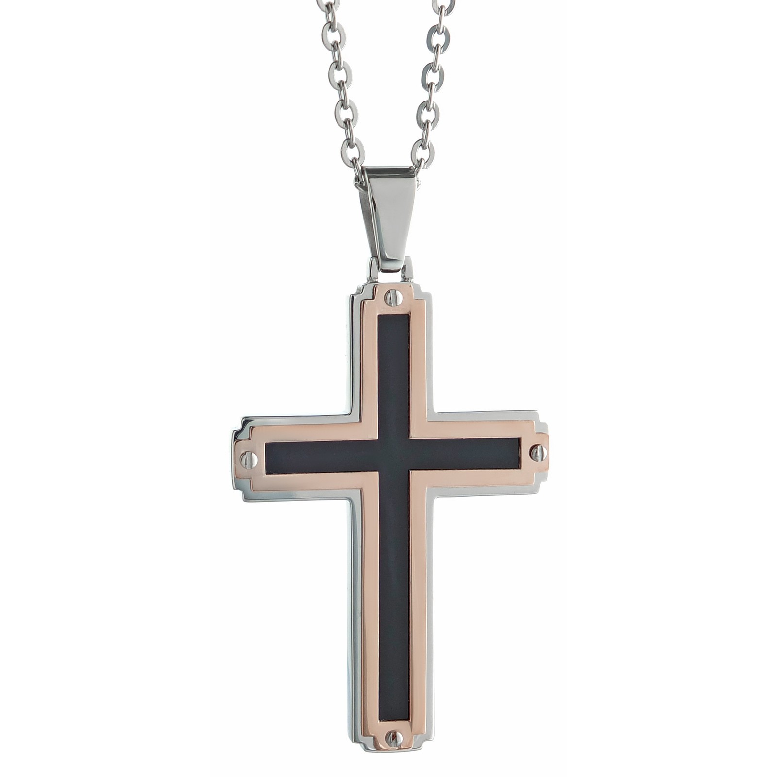 Rose Ion Plated Stainless Steel Black Resin Cross Pendant – 24 Inch Cable Chain