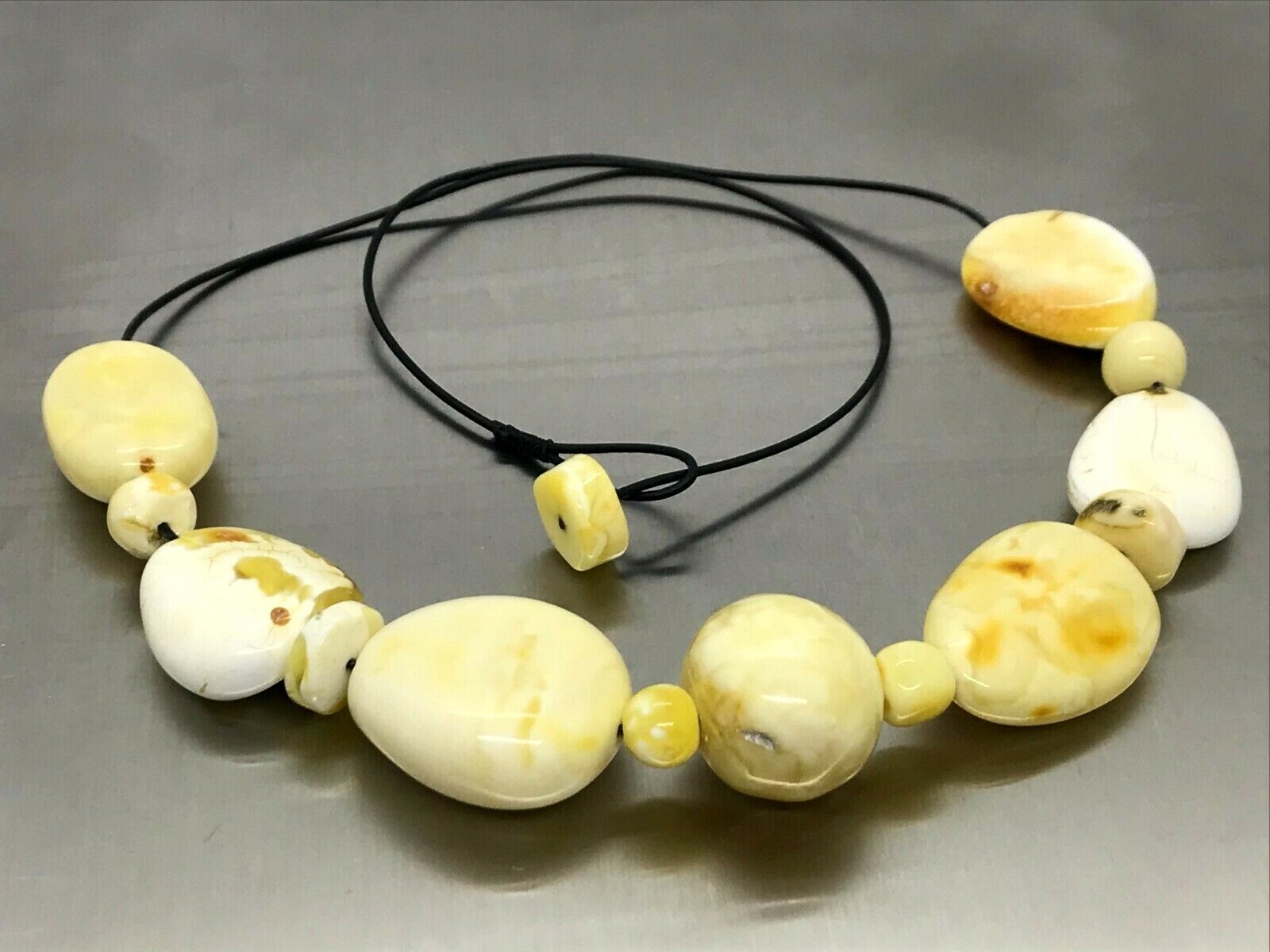 AMBER NECKLACE Gift Luxury Royal Yellow White BALTIC Beads Black Cord 30g 15365