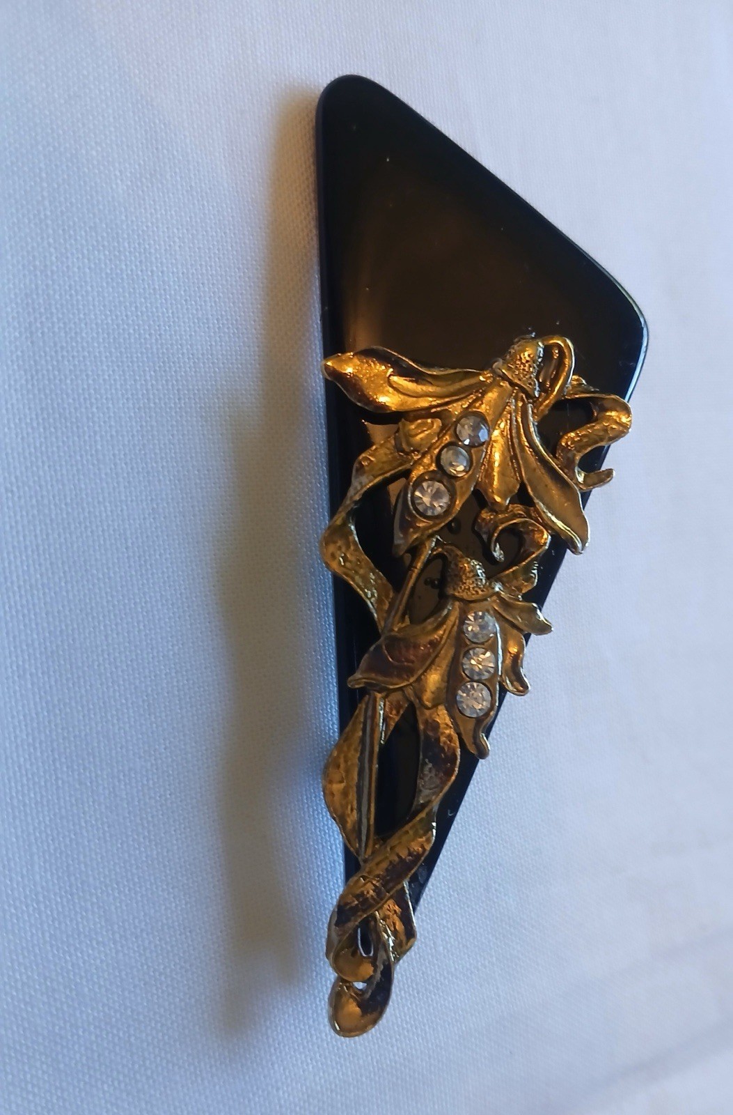 Vintage ART Deco Style Black & Gold Tone Rhinestone Set Earrings & Brooch