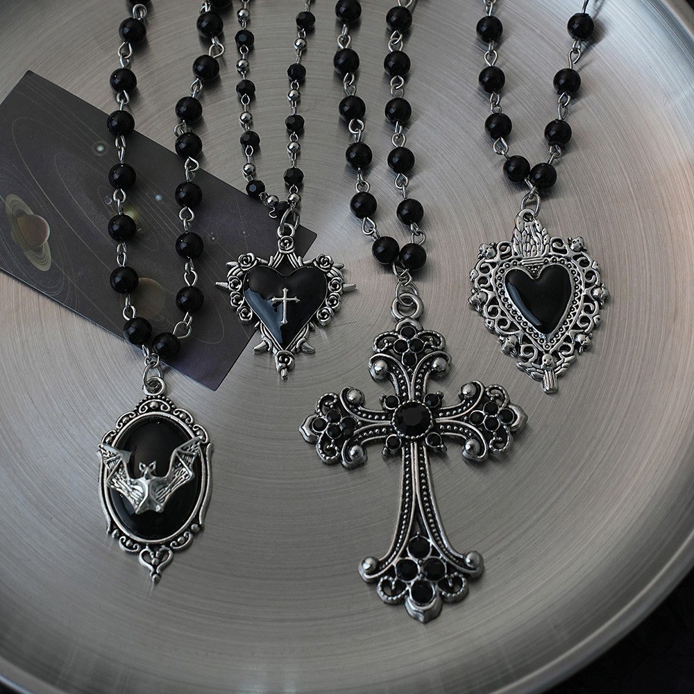 Stainless Steel Black Gothic Retro Religious Cross Heart Bat Pendant Necklace