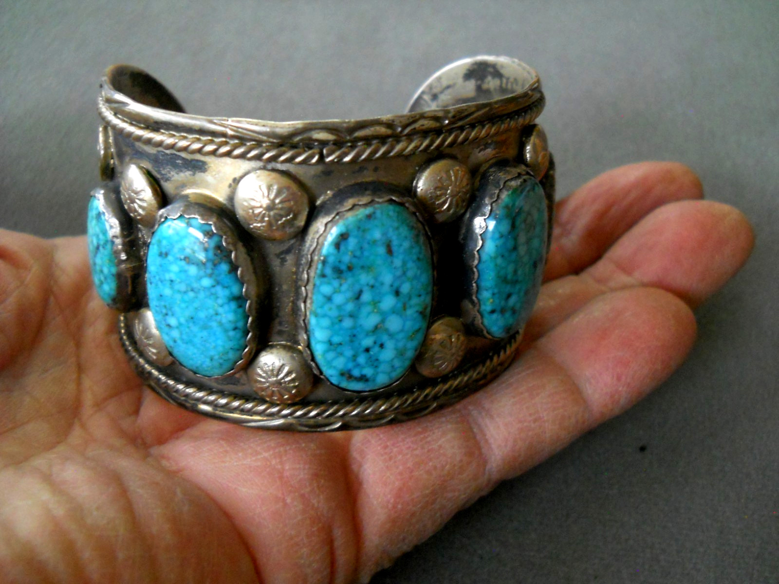 Native American Navajo Birds Eye Turquoise Row Sterling Silver Cuff Bracelet 83g