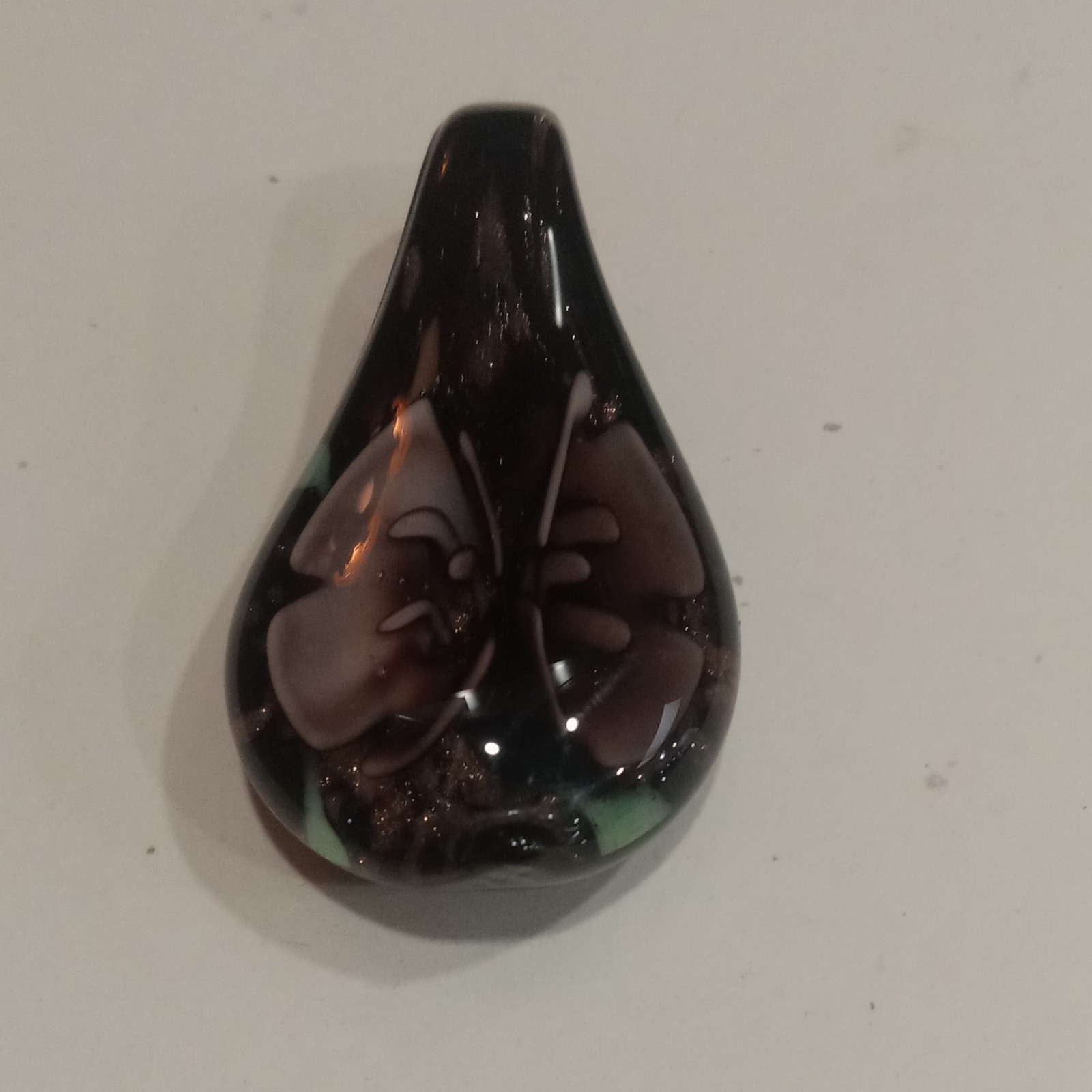 Handcrafted Glass Teardrop Pendant with Floral Design in Black, Brown, Green