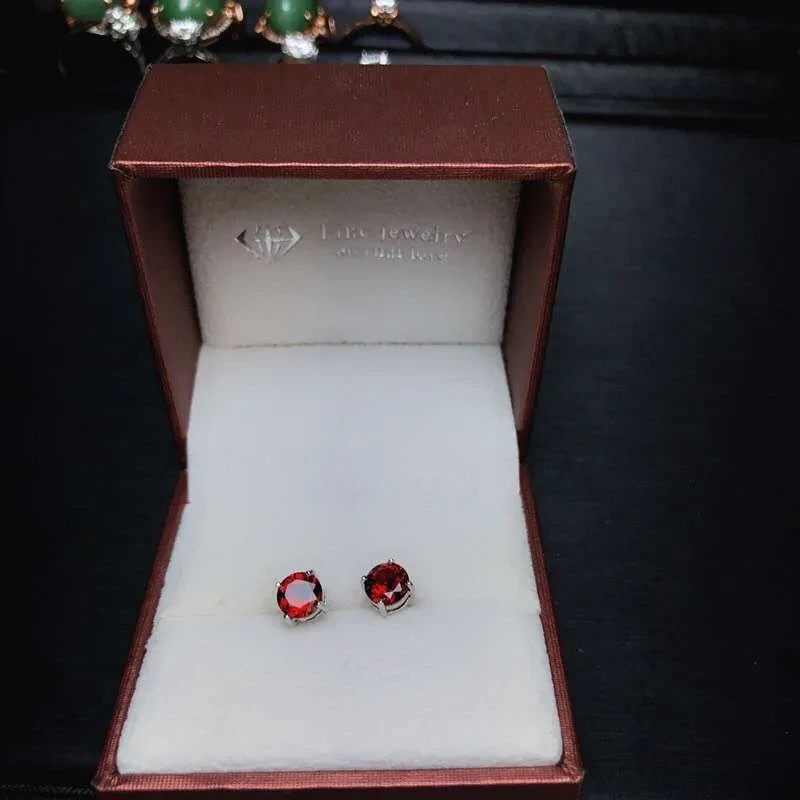 Round Garnet Stud Earrings 6mm 925 Sterling Silver with Platinum Plating