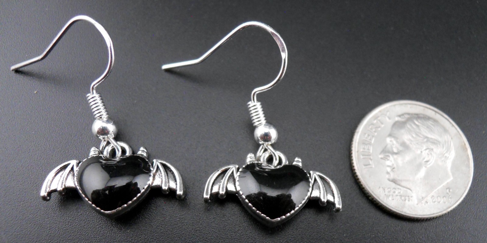 Gothic Bat Earrings Sterling Silver Ear Wires Devil Horns Black Heart Goth New