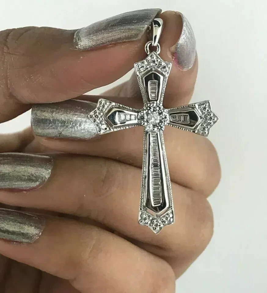 2Ct Round & Baguette Cut Lab Created Diamond Cross Pendant 14K White Gold Finish